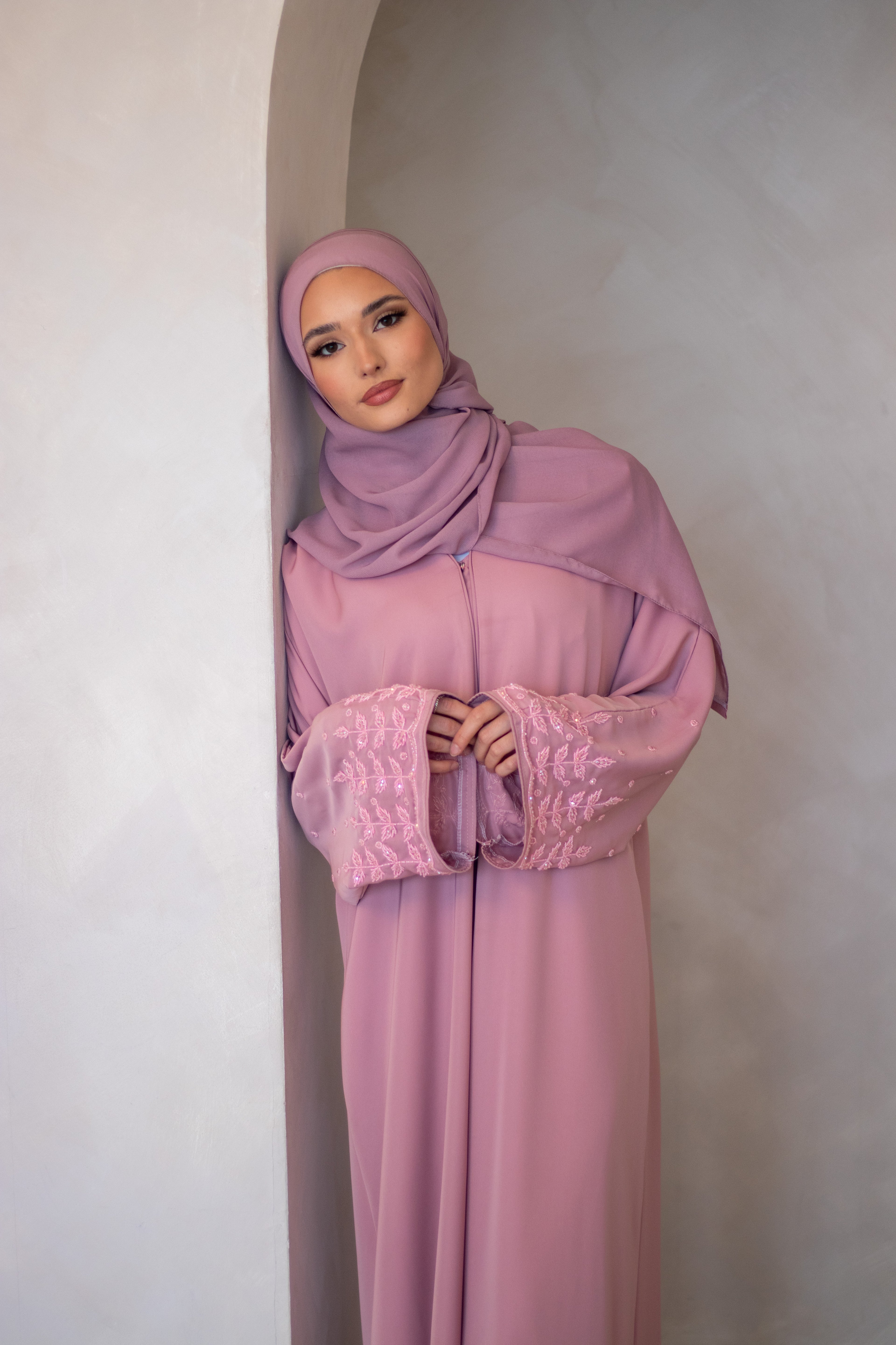 3 Piece Embellishments Abaya with Belt and Hijab Black/Grey/Pink/Chocolate Brown