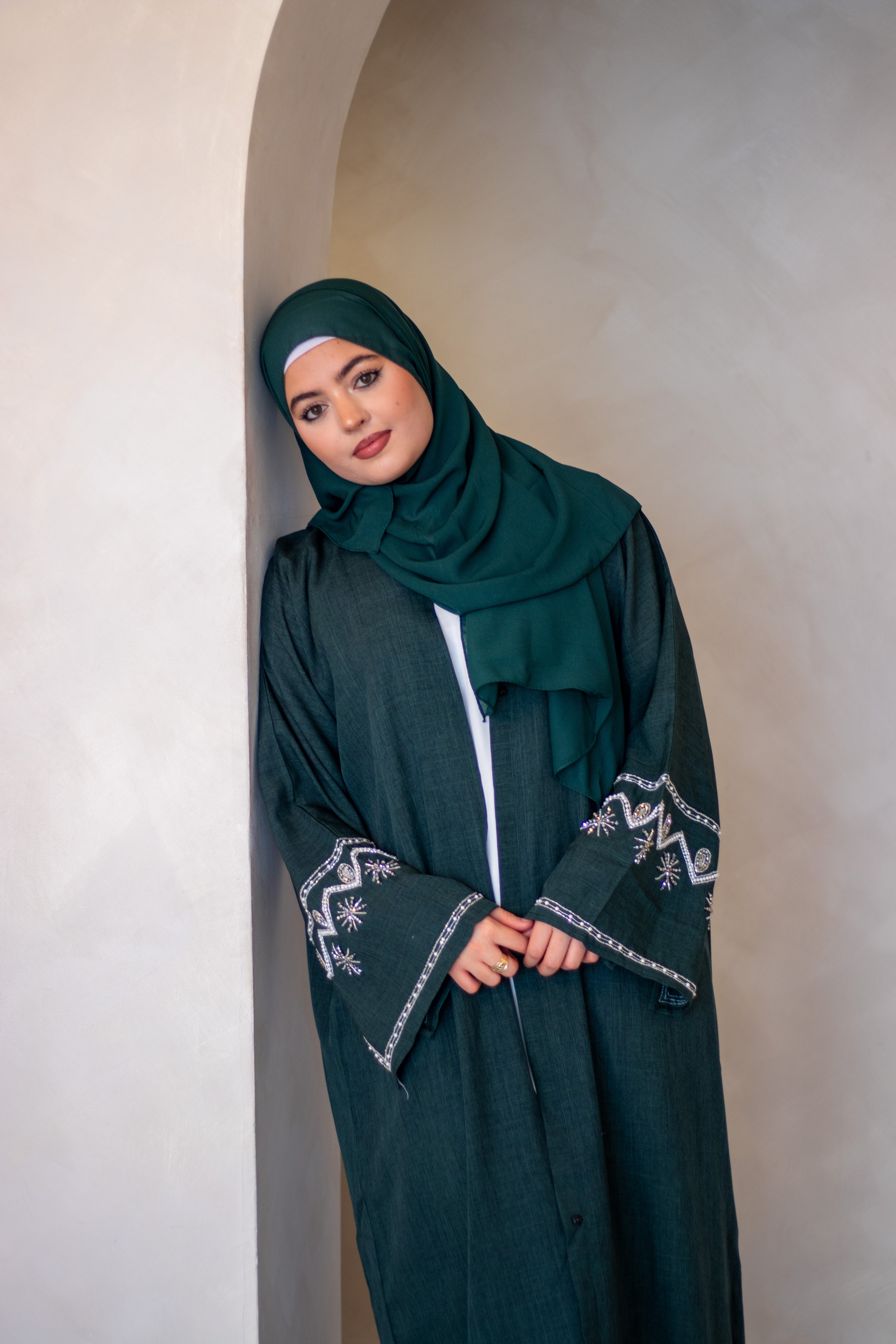2 Piece Linen Design Abaya with Embellishments on Sleeves Navy/Green + Hijab