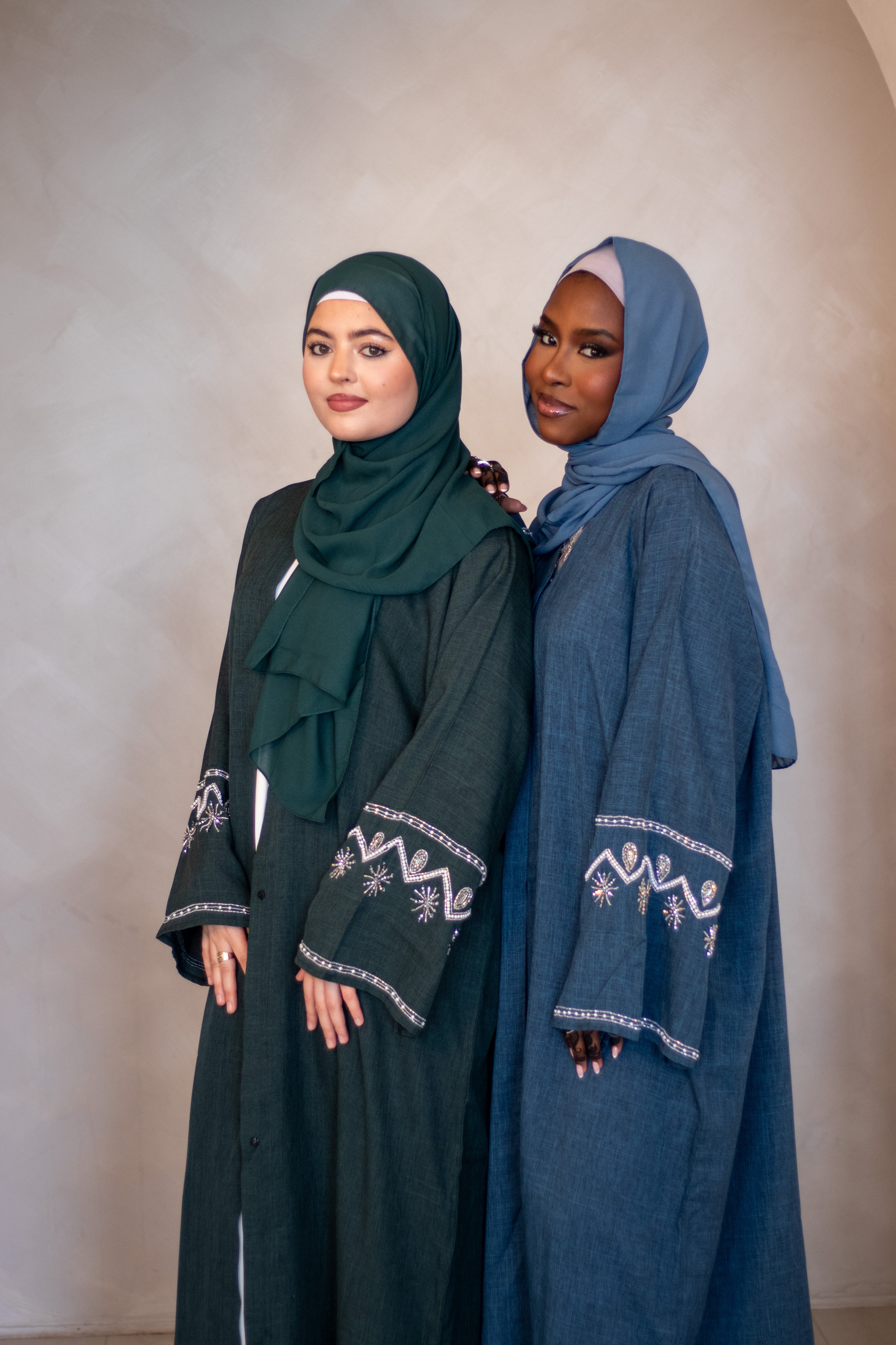 2 Piece Linen Design Abaya with Embellishments on Sleeves Navy/Green + Hijab