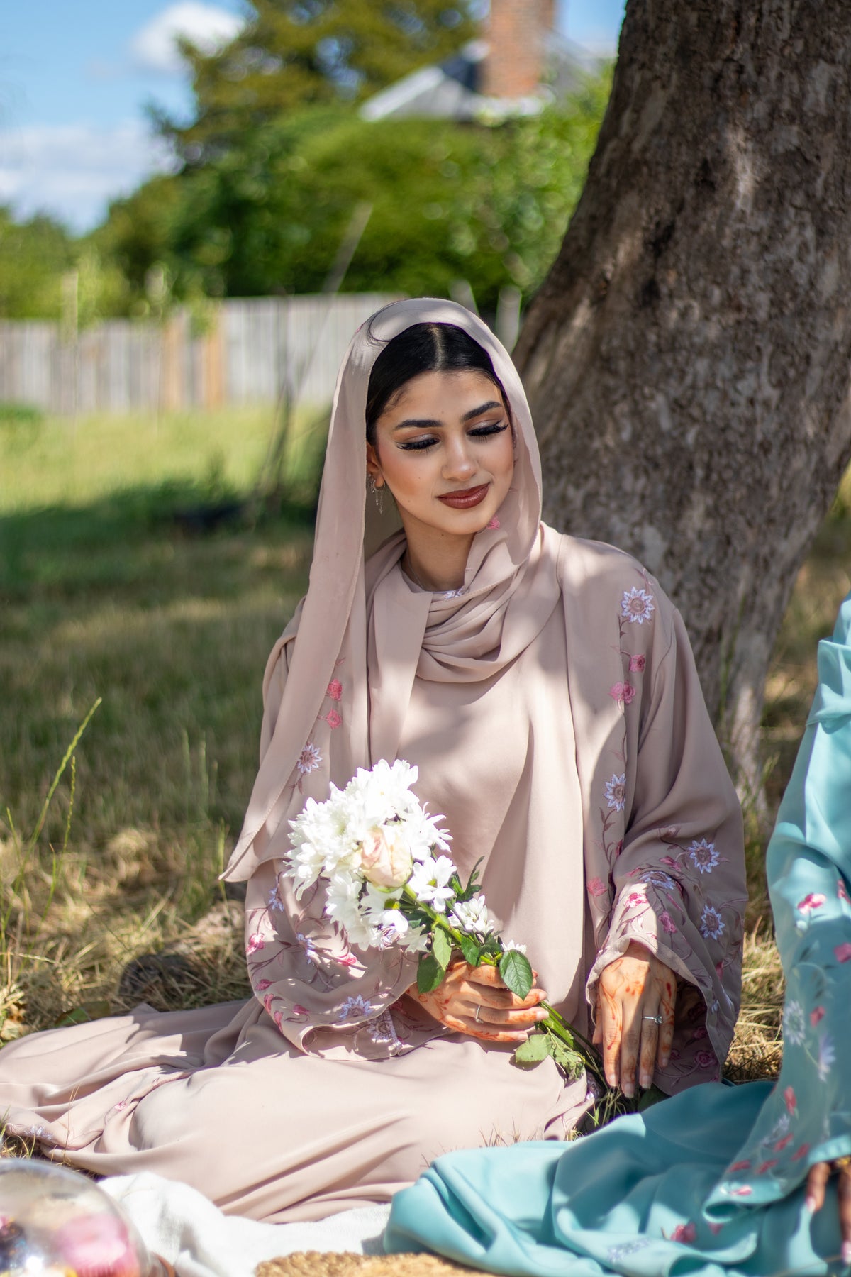 Summer 4 Piece Set Flower Embroidery Abaya Muslim Fashion