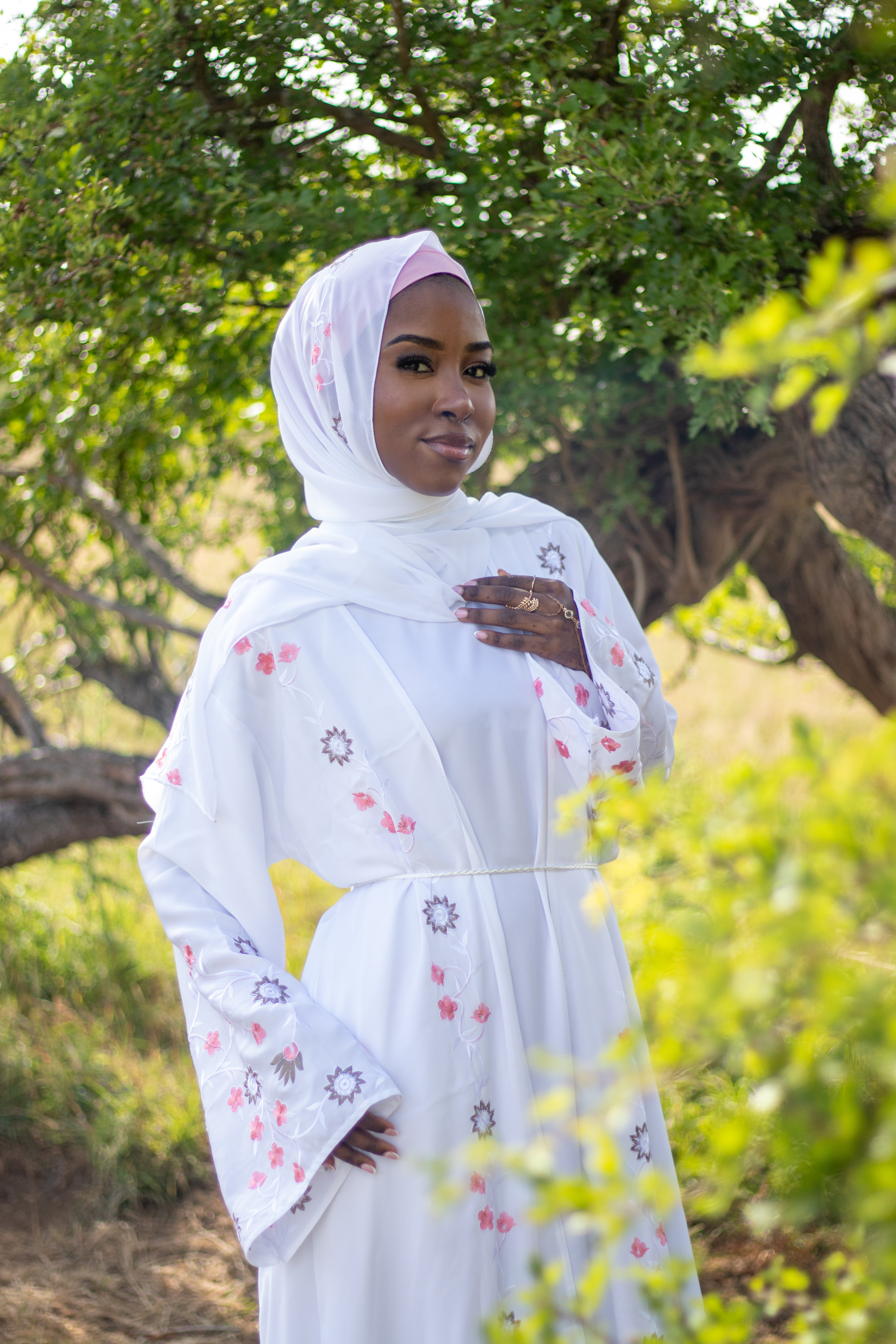 Summer 4 Piece Set Flower Embroidery Abaya Muslim Fashion