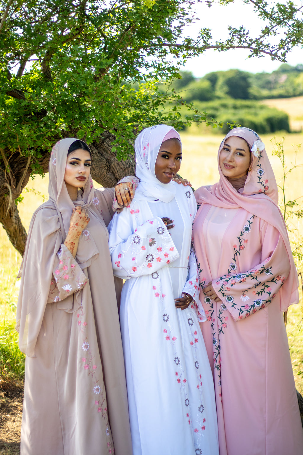 Summer 4 Piece Set Flower Embroidery Abaya Muslim Fashion