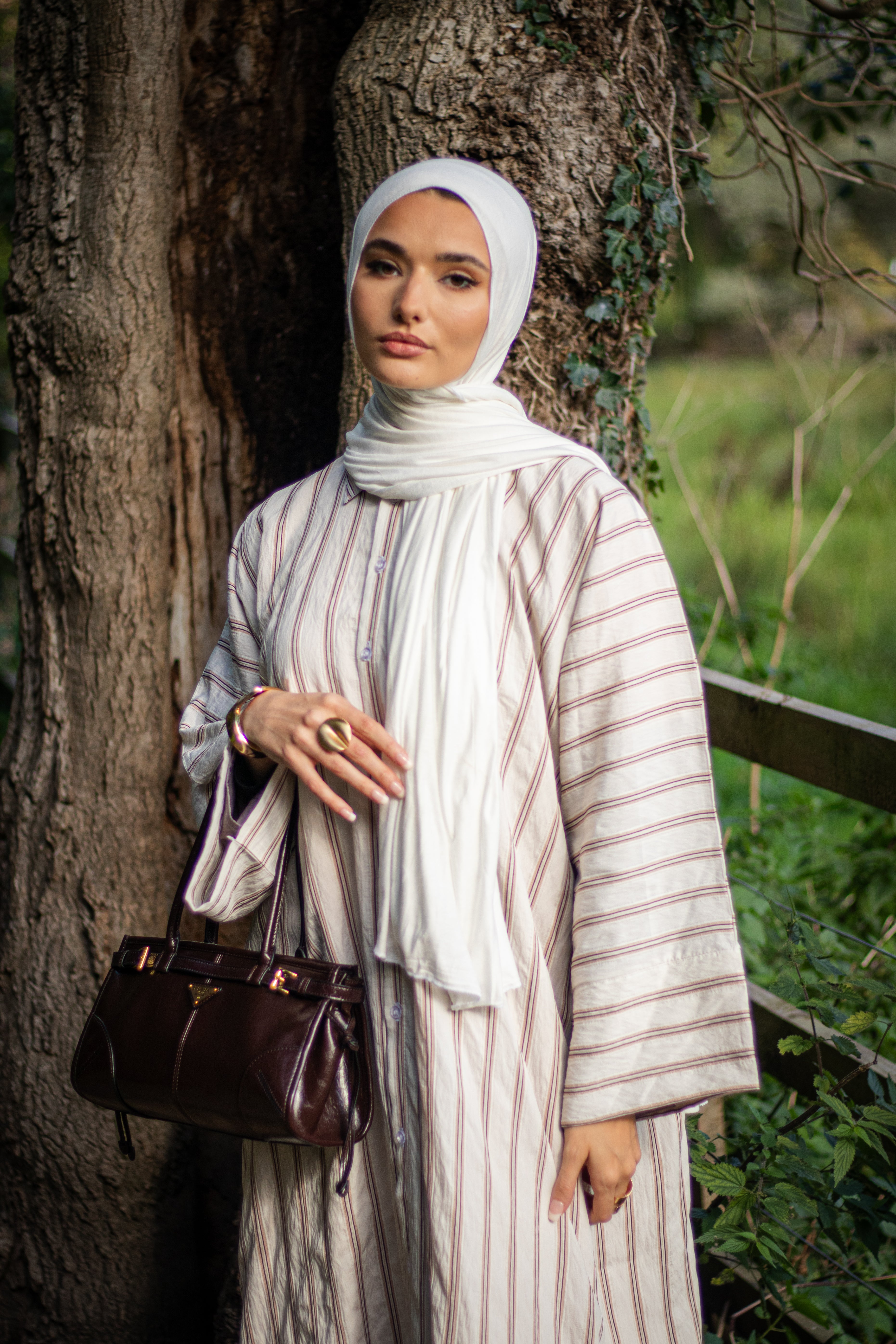 Autumn Striped Abaya Shirt with Jersey Hijab and Slipdress Beige/Black