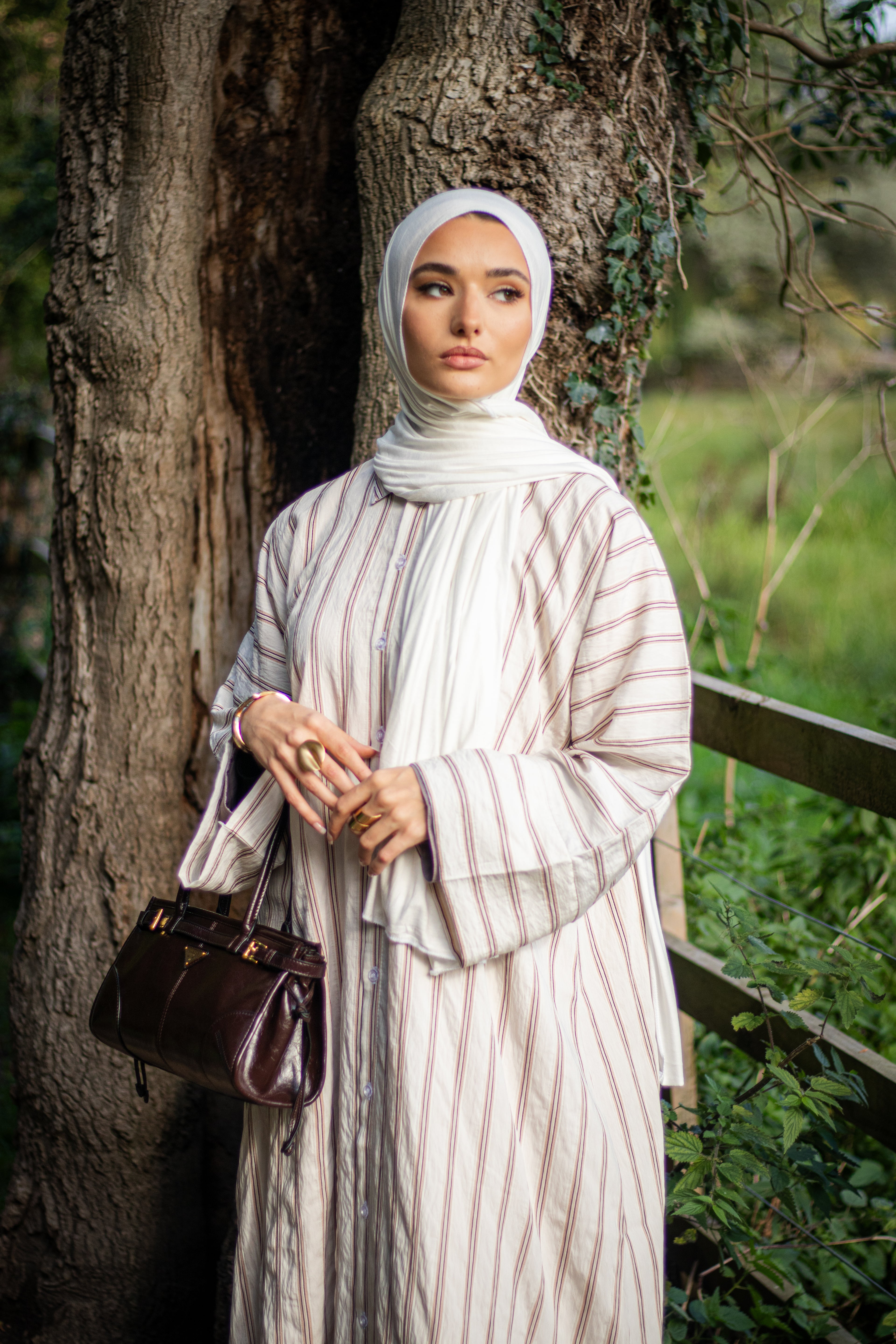 Autumn Striped Abaya Shirt with Jersey Hijab and Slipdress Beige/Black