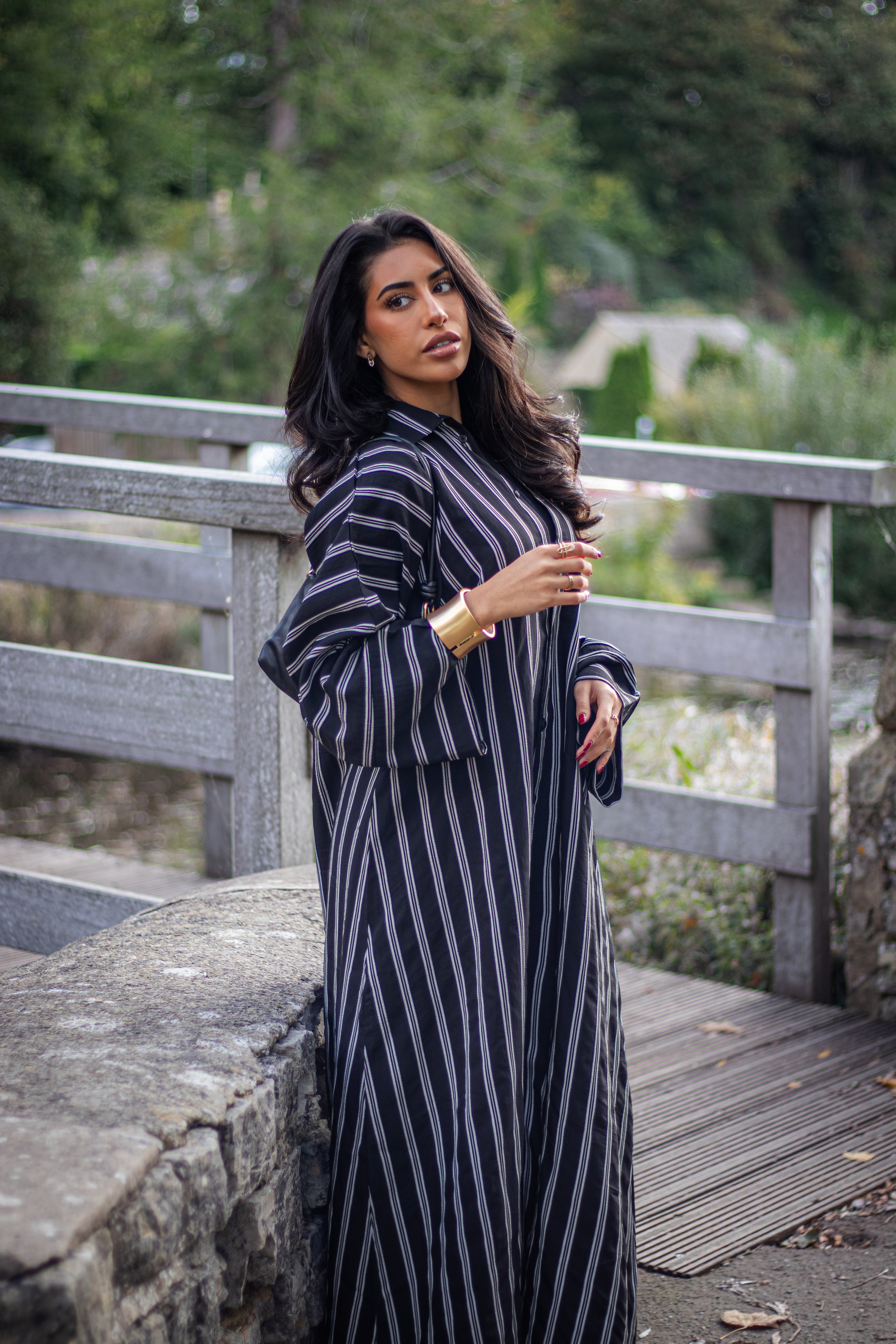 Autumn Striped Abaya Shirt with Jersey Hijab and Slipdress Beige/Black