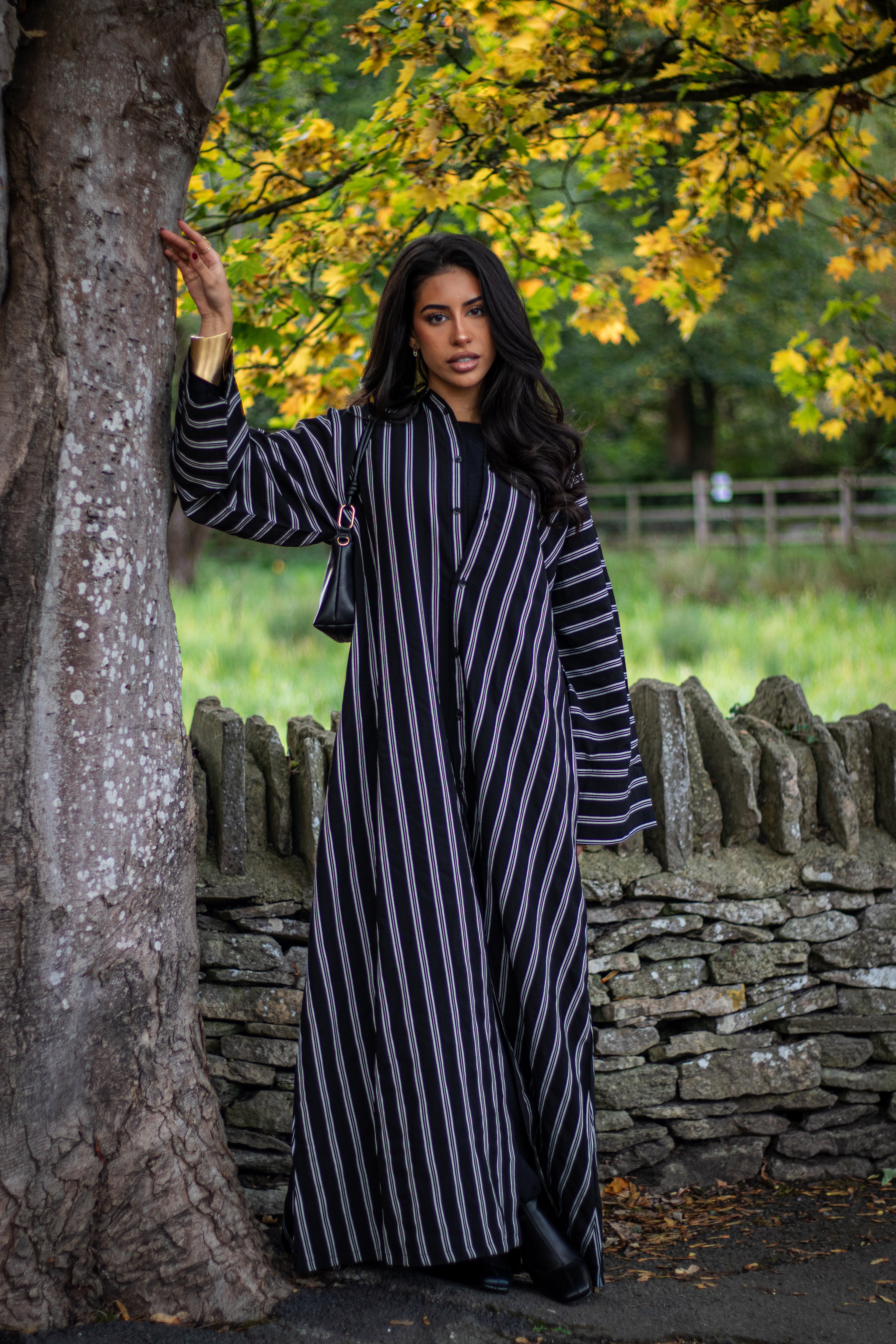 Autumn Striped Abaya Shirt with Jersey Hijab and Slipdress Beige/Black