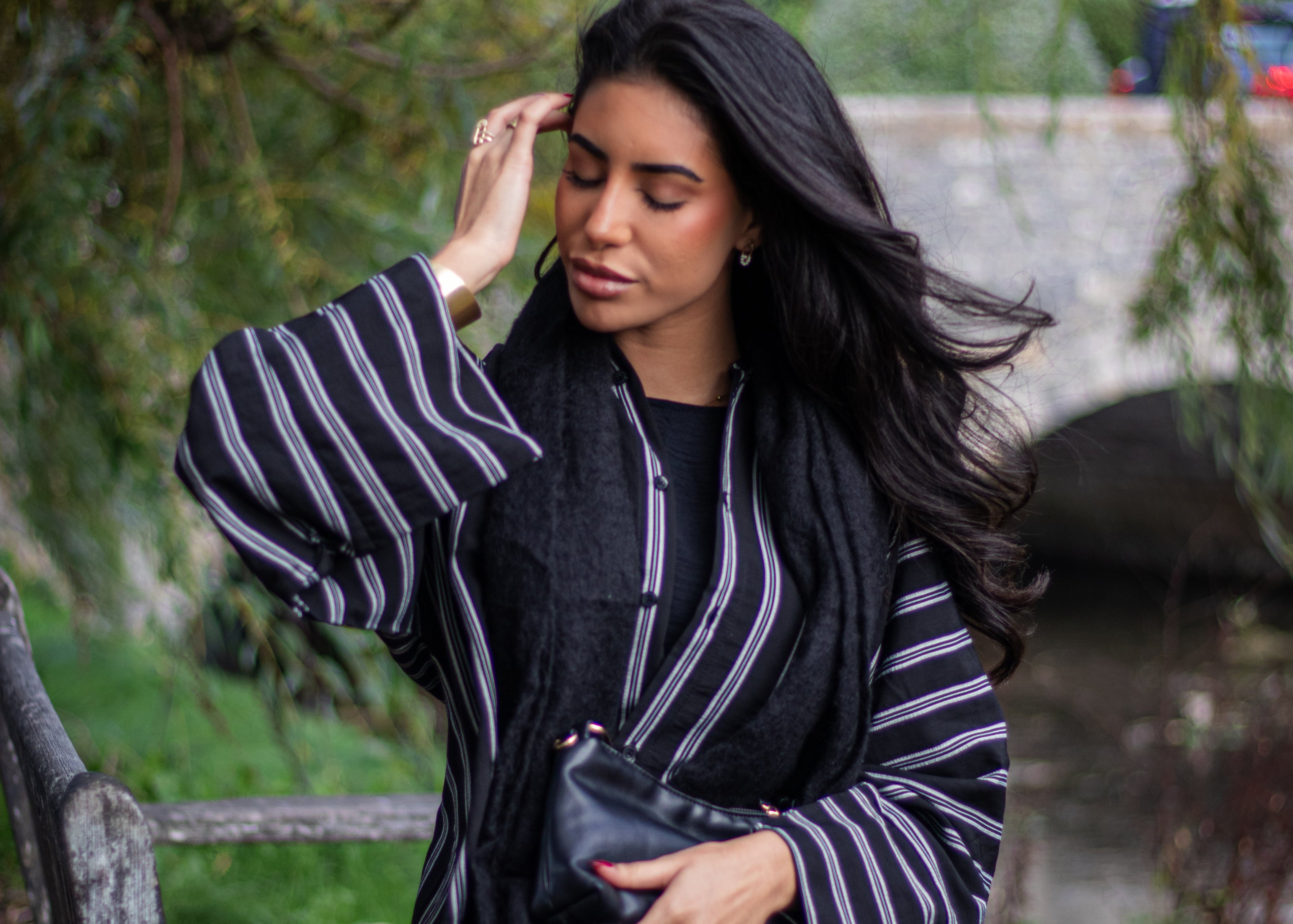 Autumn Striped Abaya Shirt with Jersey Hijab and Slipdress Beige/Black