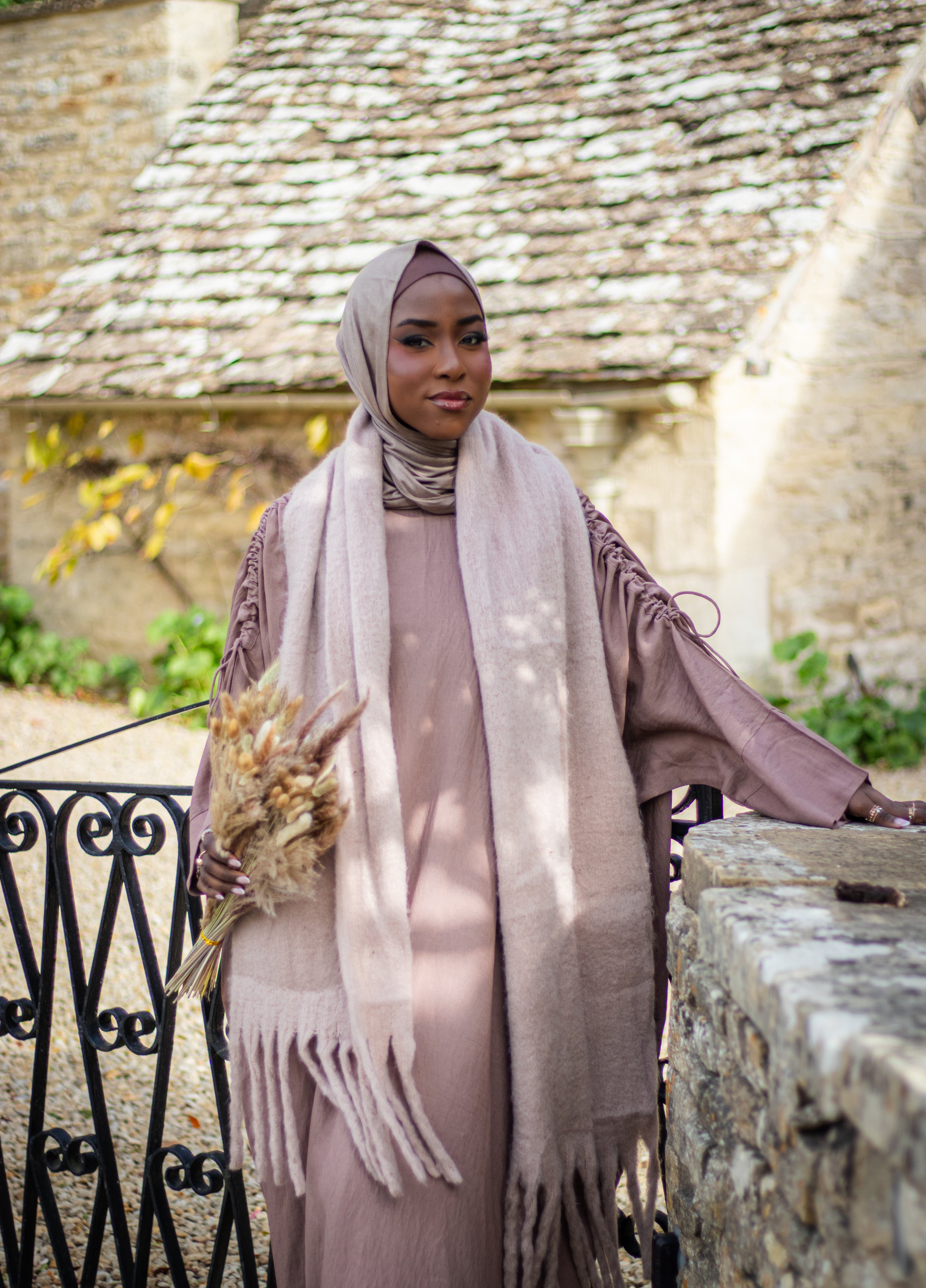 Ruched Drawstring Blush Pink Abaya with Jersey Hijab and Slipdress Autumn