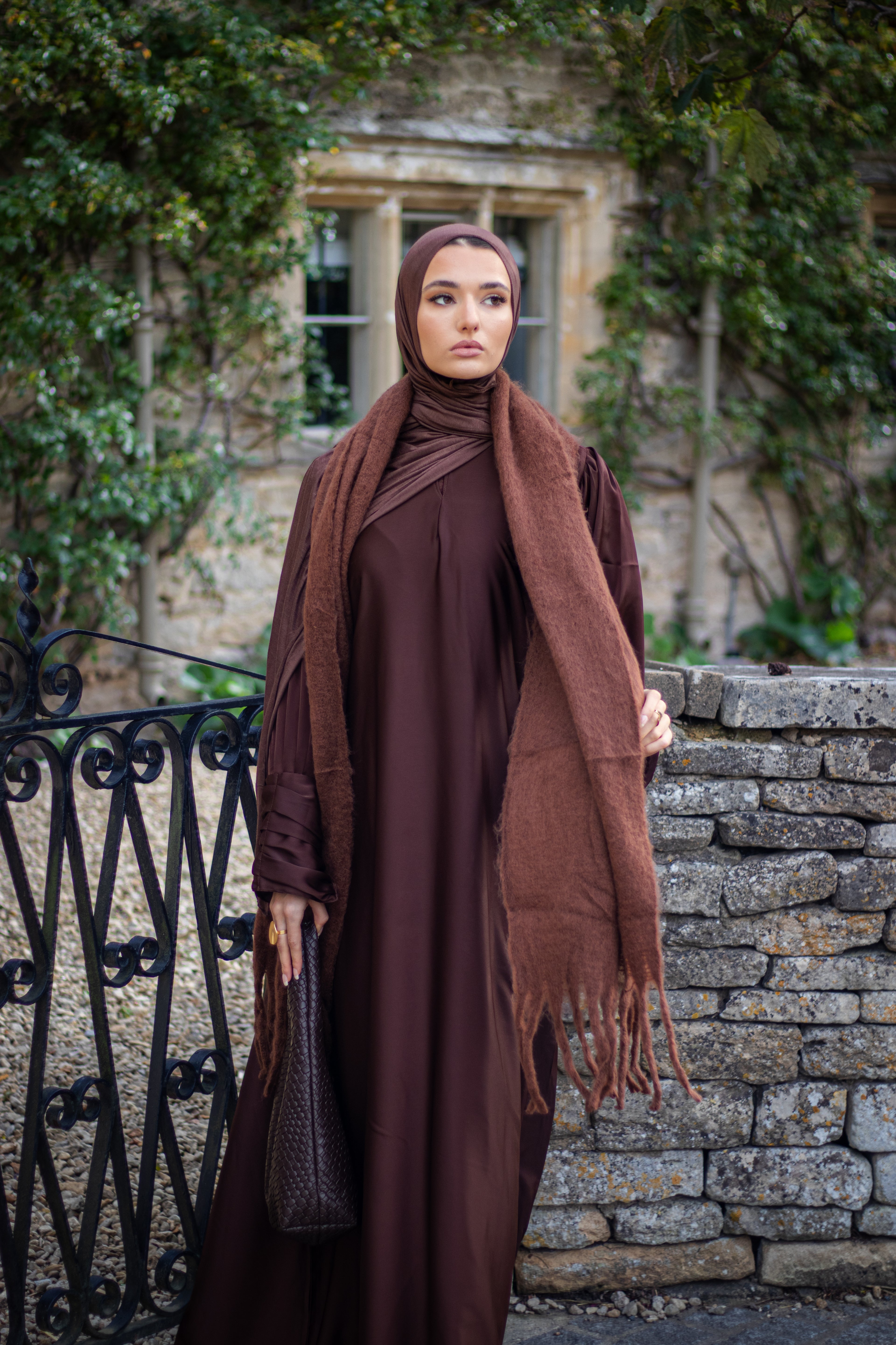 Autumn Brown Satin Abaya with Jersey Hijab and Slipdress Sleeve Detailing