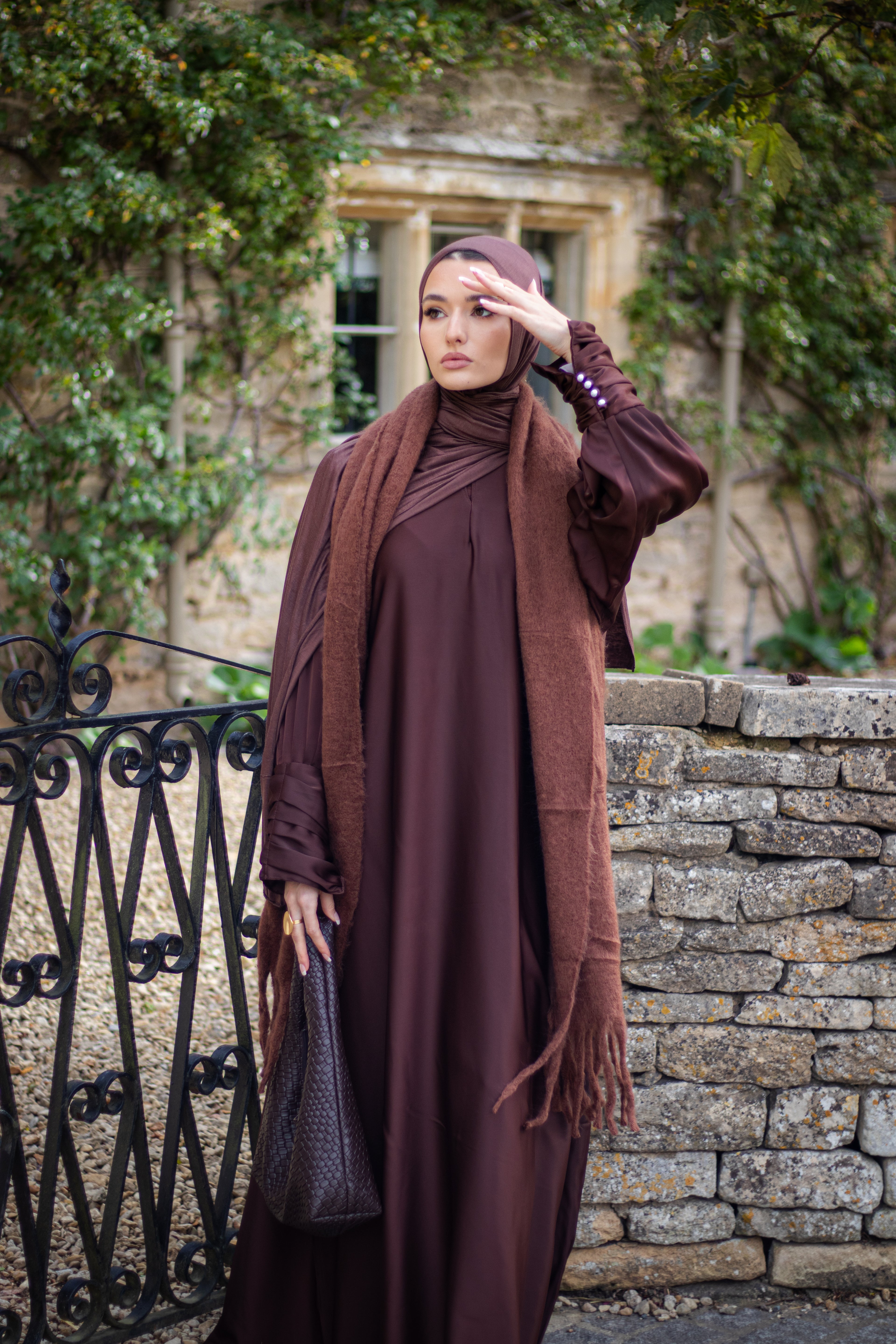 Autumn Brown Satin Abaya with Jersey Hijab and Slipdress Sleeve Detailing