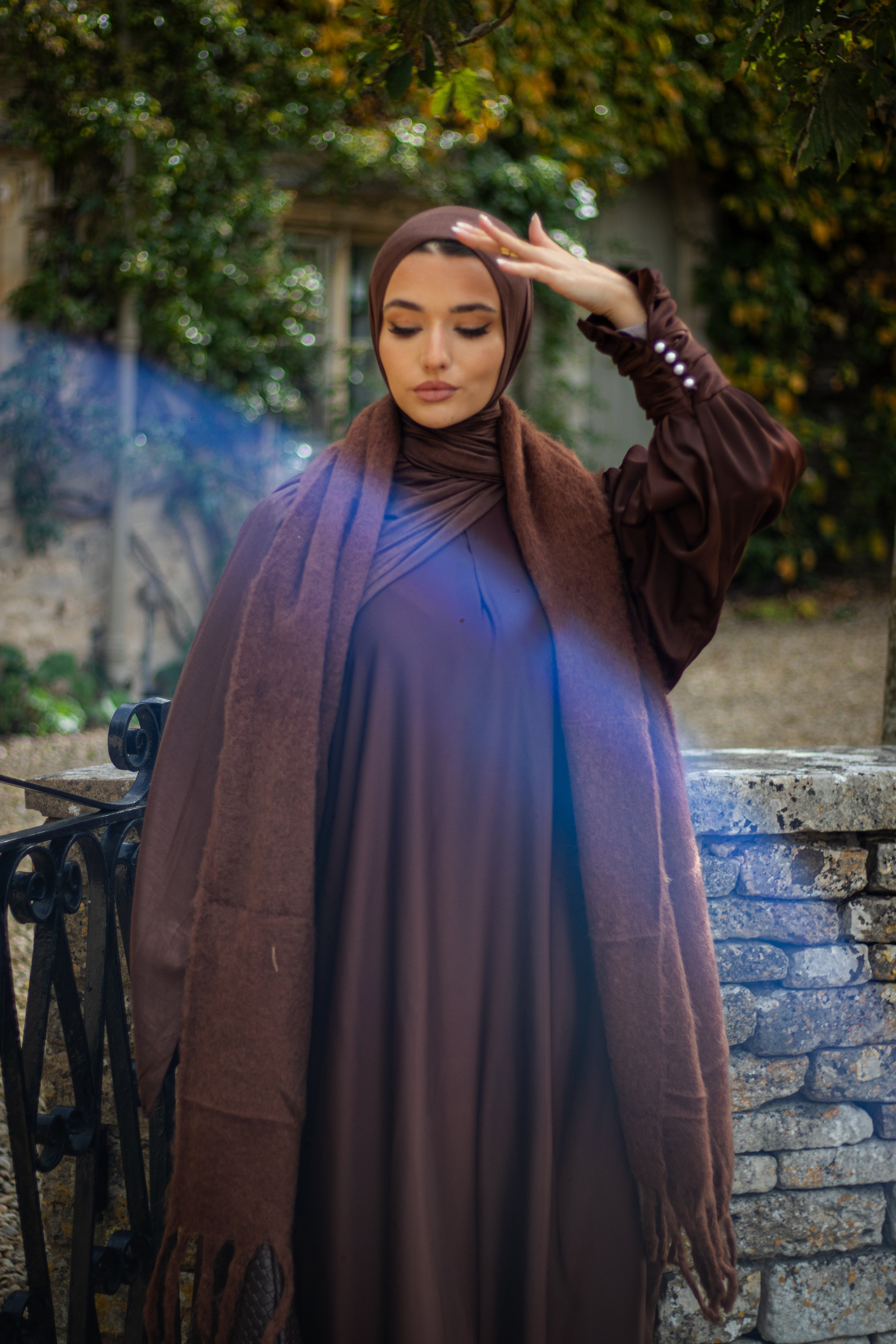 Autumn Brown Satin Abaya with Jersey Hijab and Slipdress Sleeve Detailing