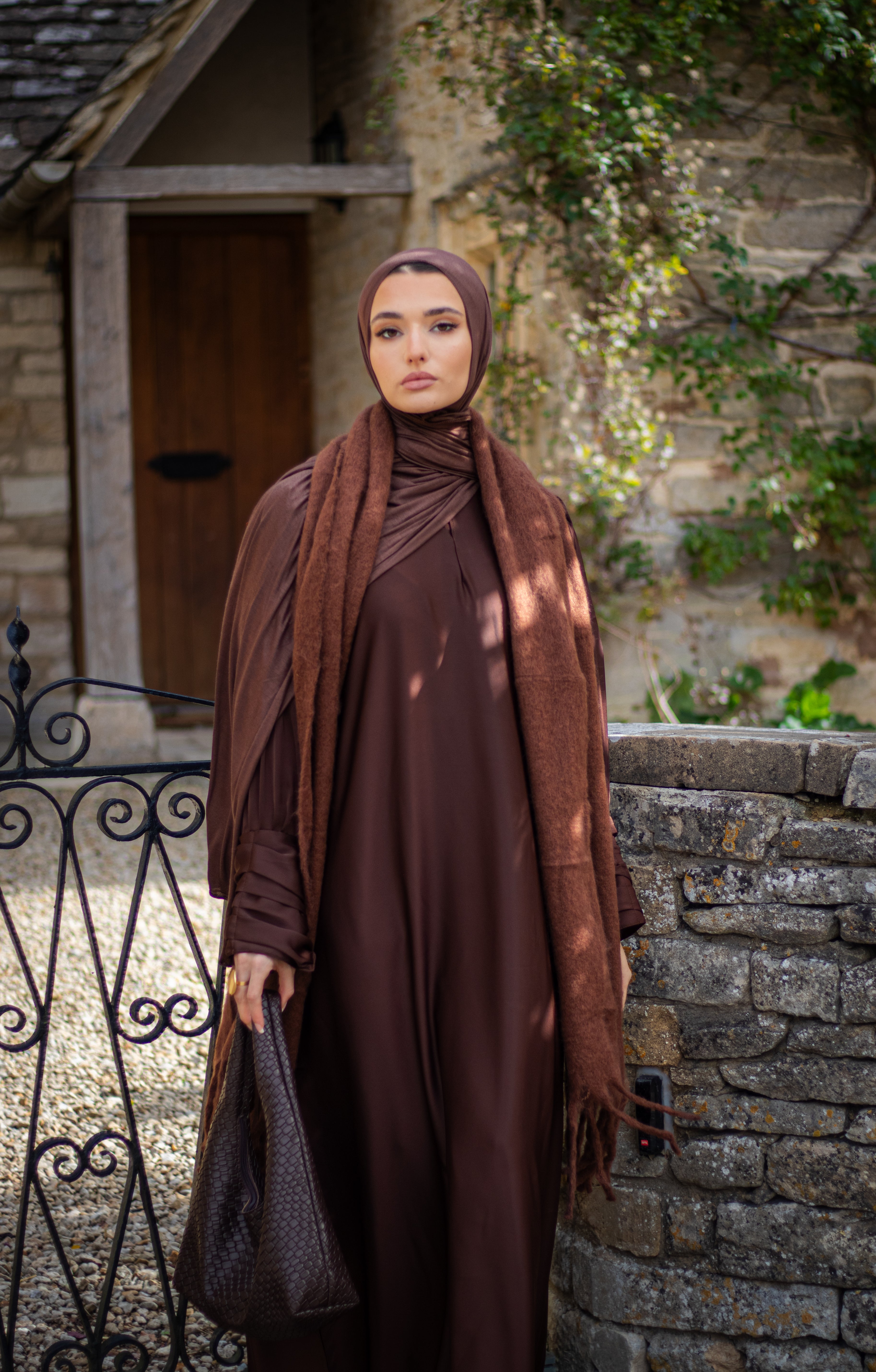 Autumn Brown Satin Abaya with Jersey Hijab and Slipdress Sleeve Detailing