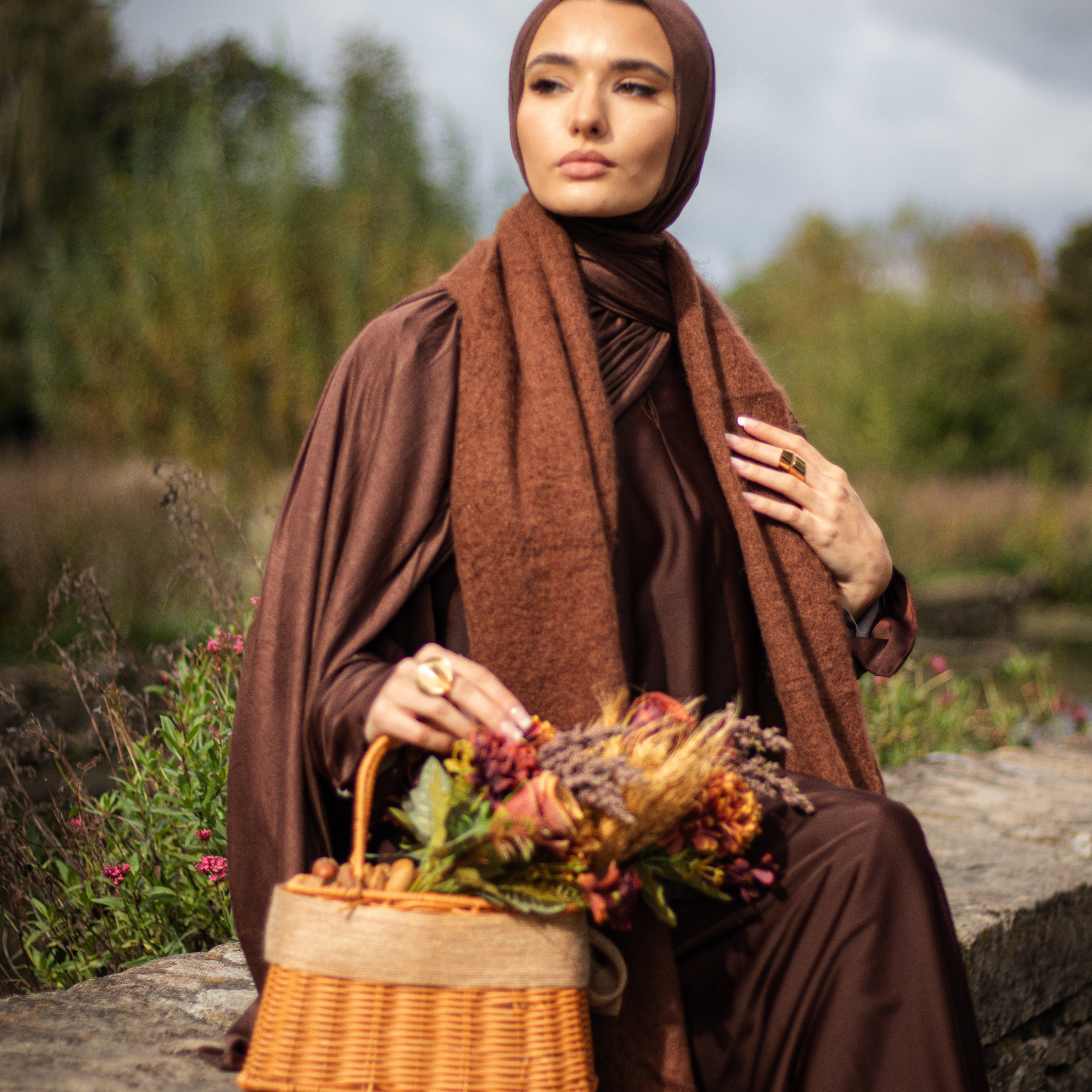 Autumn Brown Satin Abaya with Jersey Hijab and Slipdress Sleeve Detailing