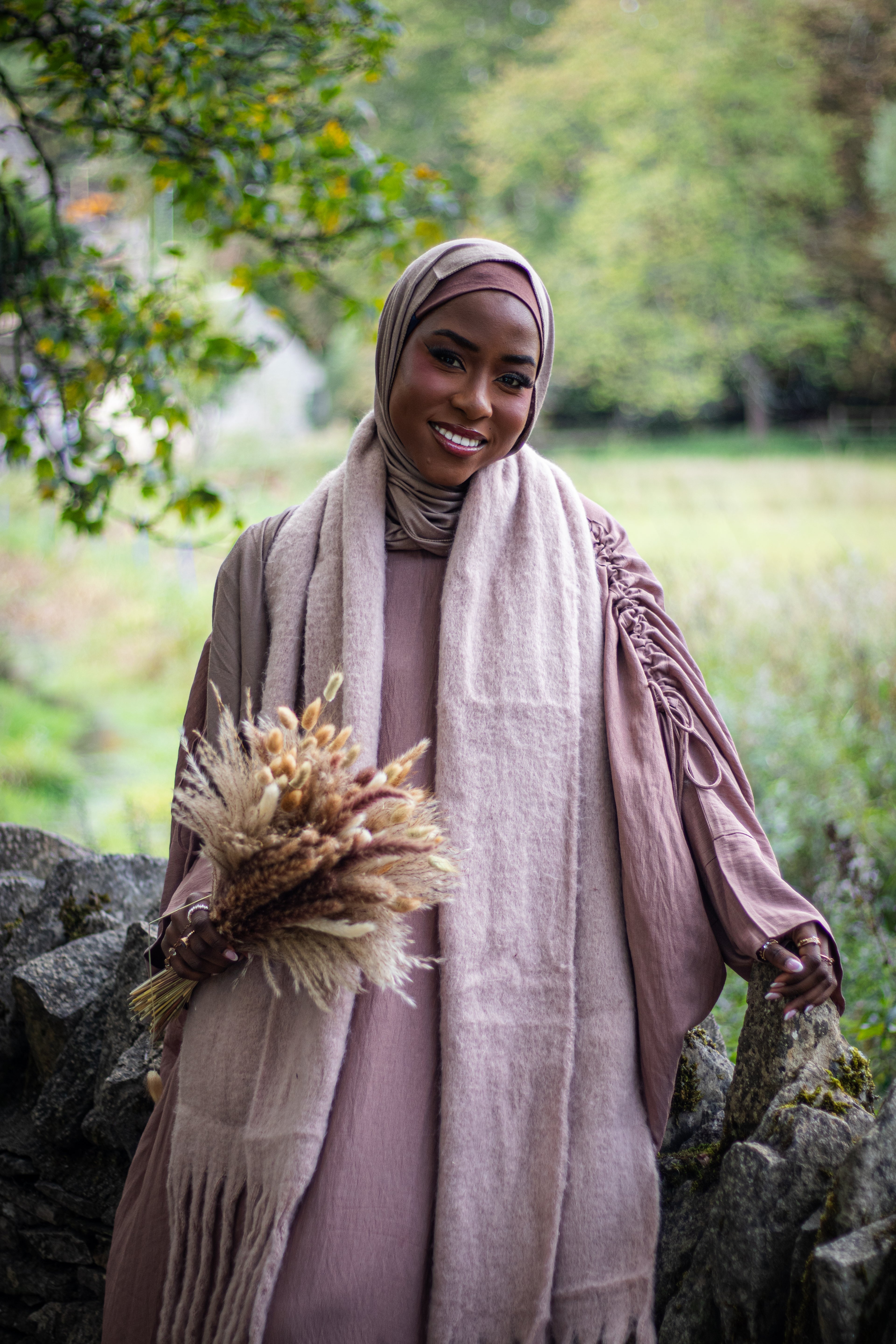 Ruched Drawstring Blush Pink Abaya with Jersey Hijab and Slipdress Autumn