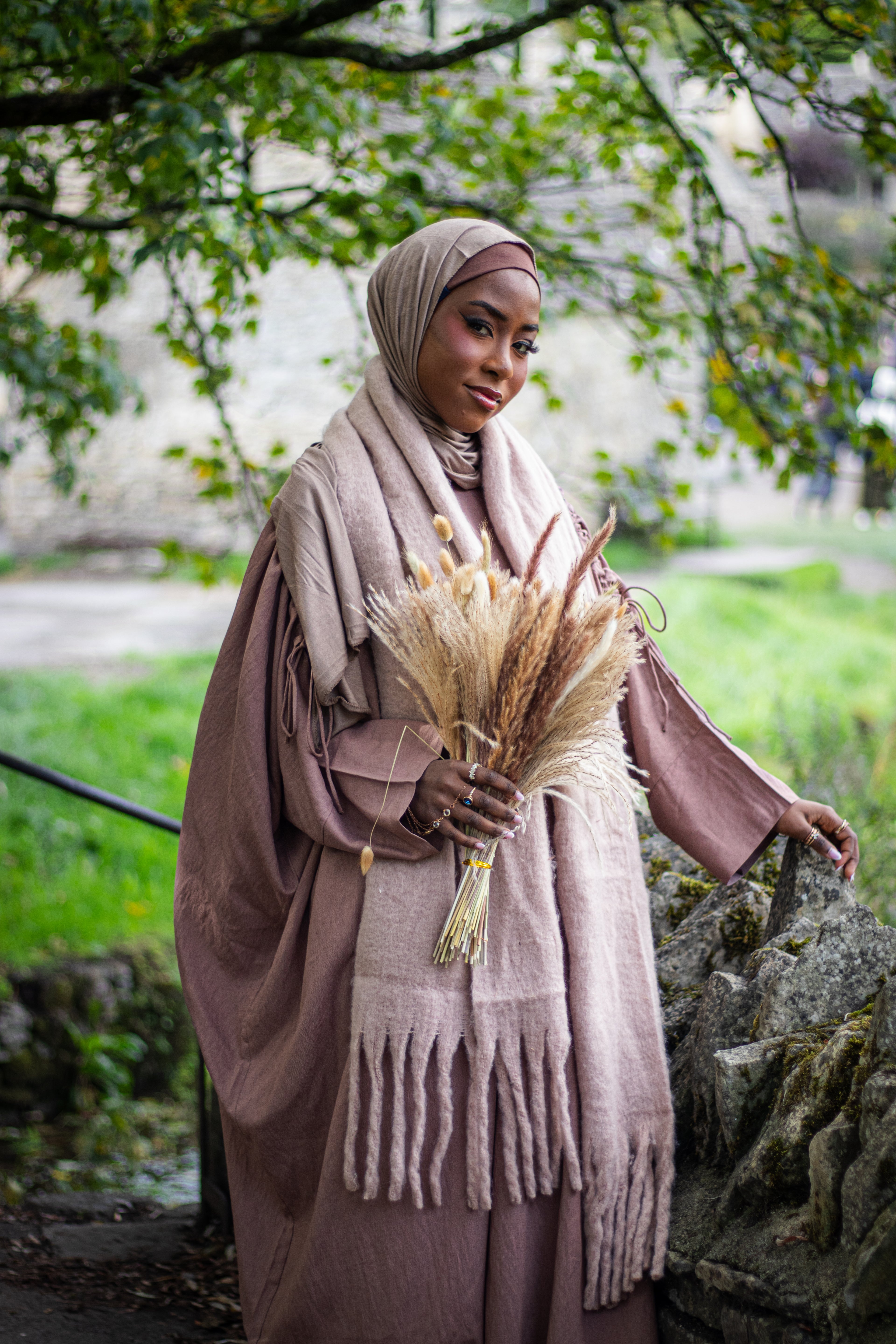 Ruched Drawstring Blush Pink Abaya with Jersey Hijab and Slipdress Autumn