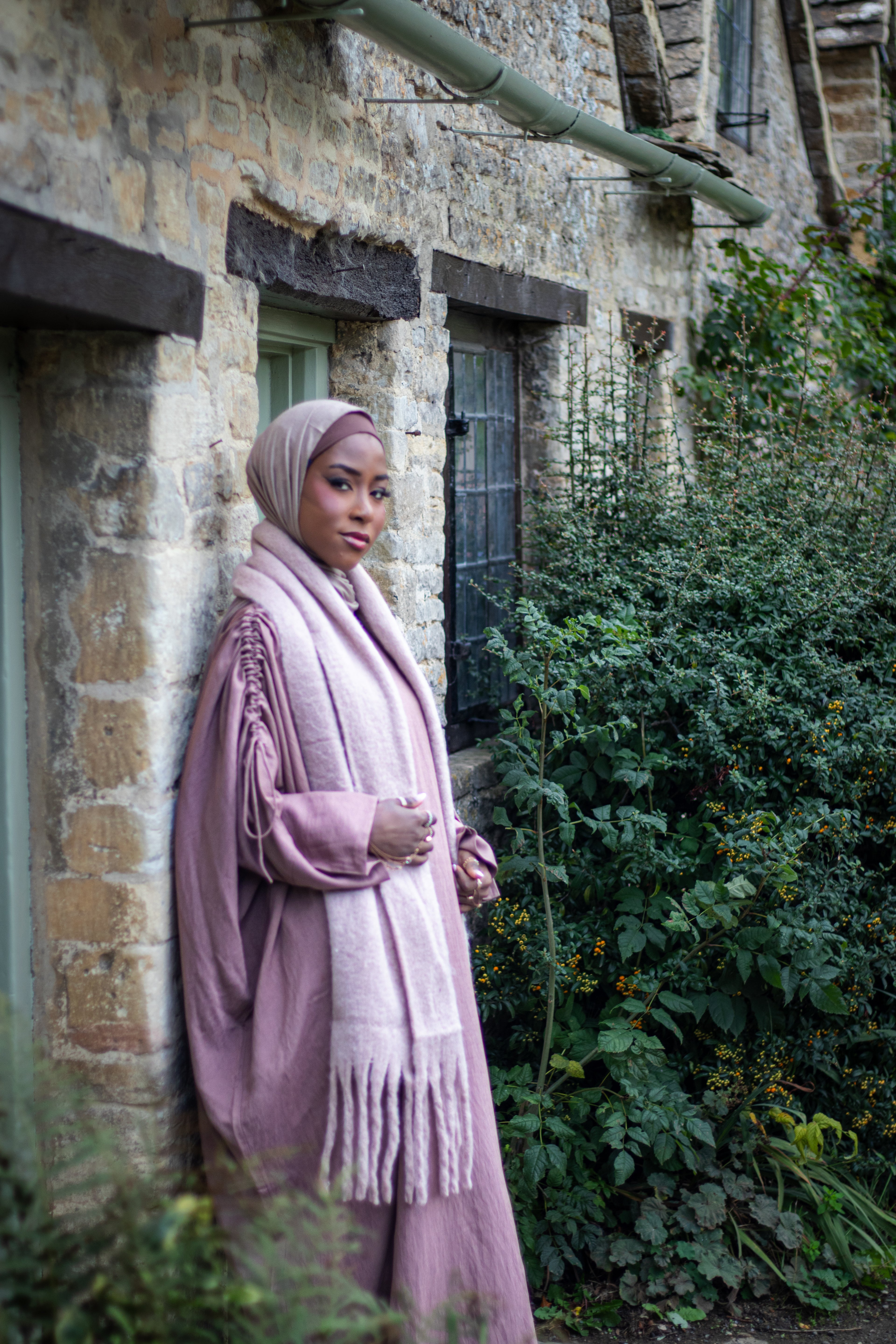 Ruched Drawstring Blush Pink Abaya with Jersey Hijab and Slipdress Autumn