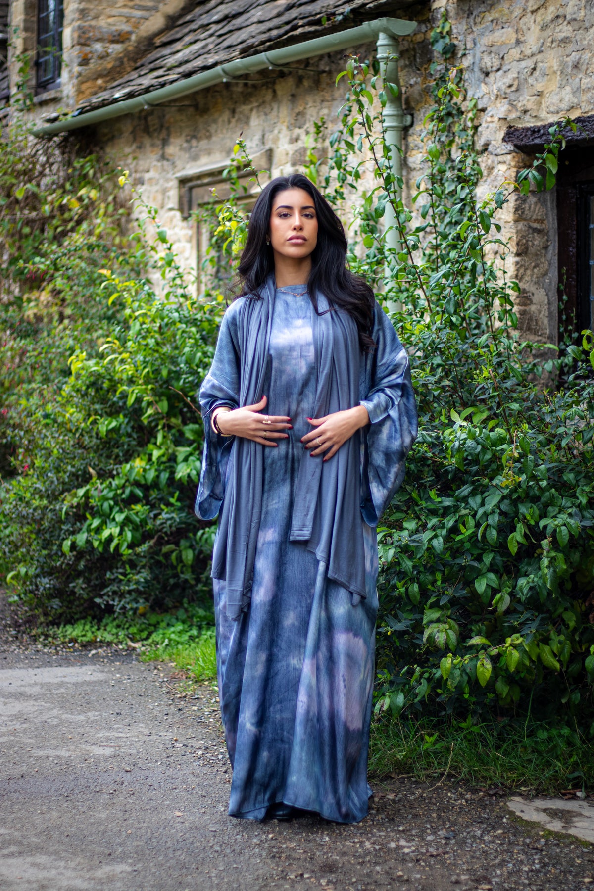 Autumn Grey Patterned Abaya Wide Sleeve Design