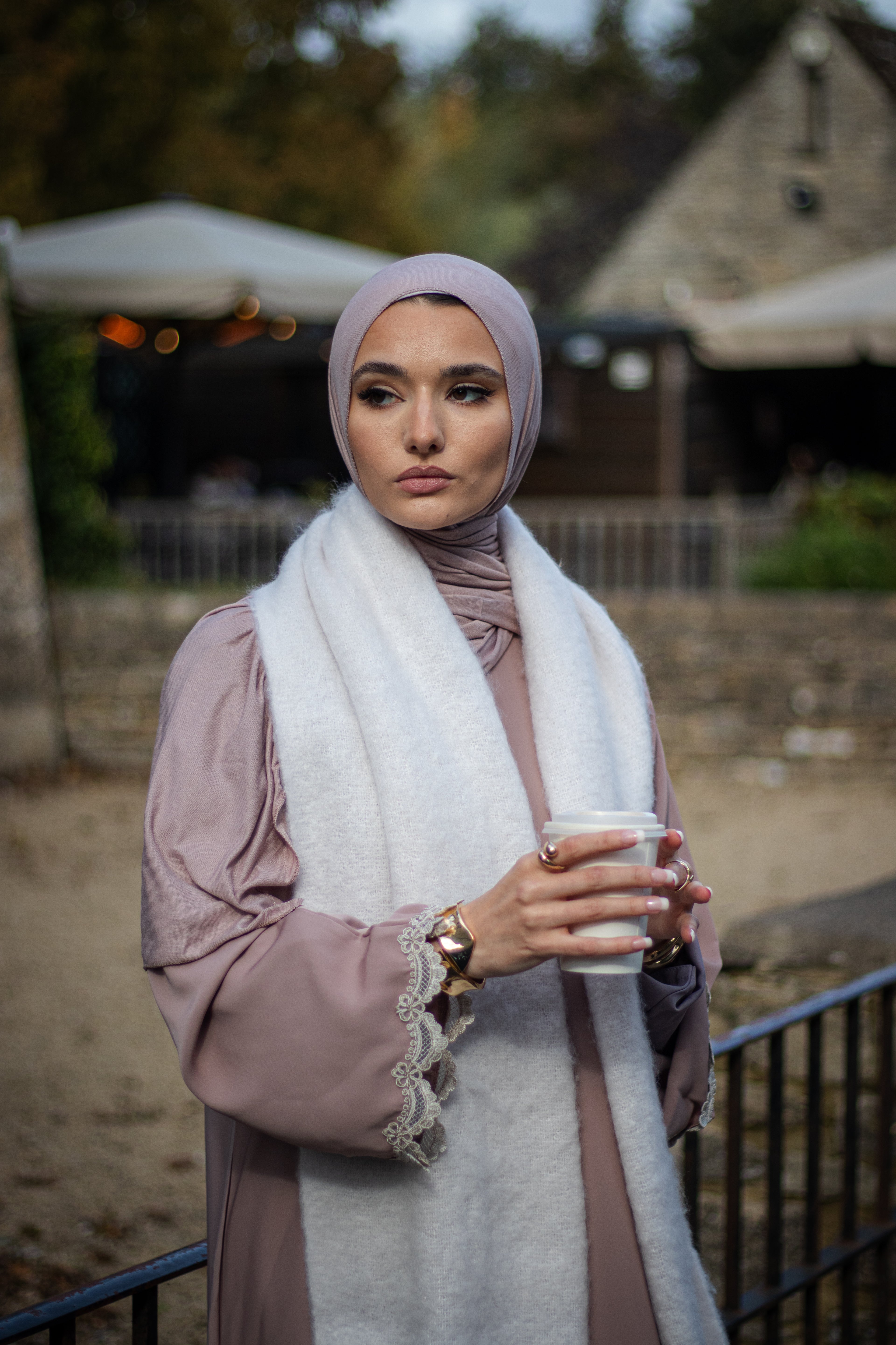 Nida Closed Pink Abaya with Lace and Jersey Hijab