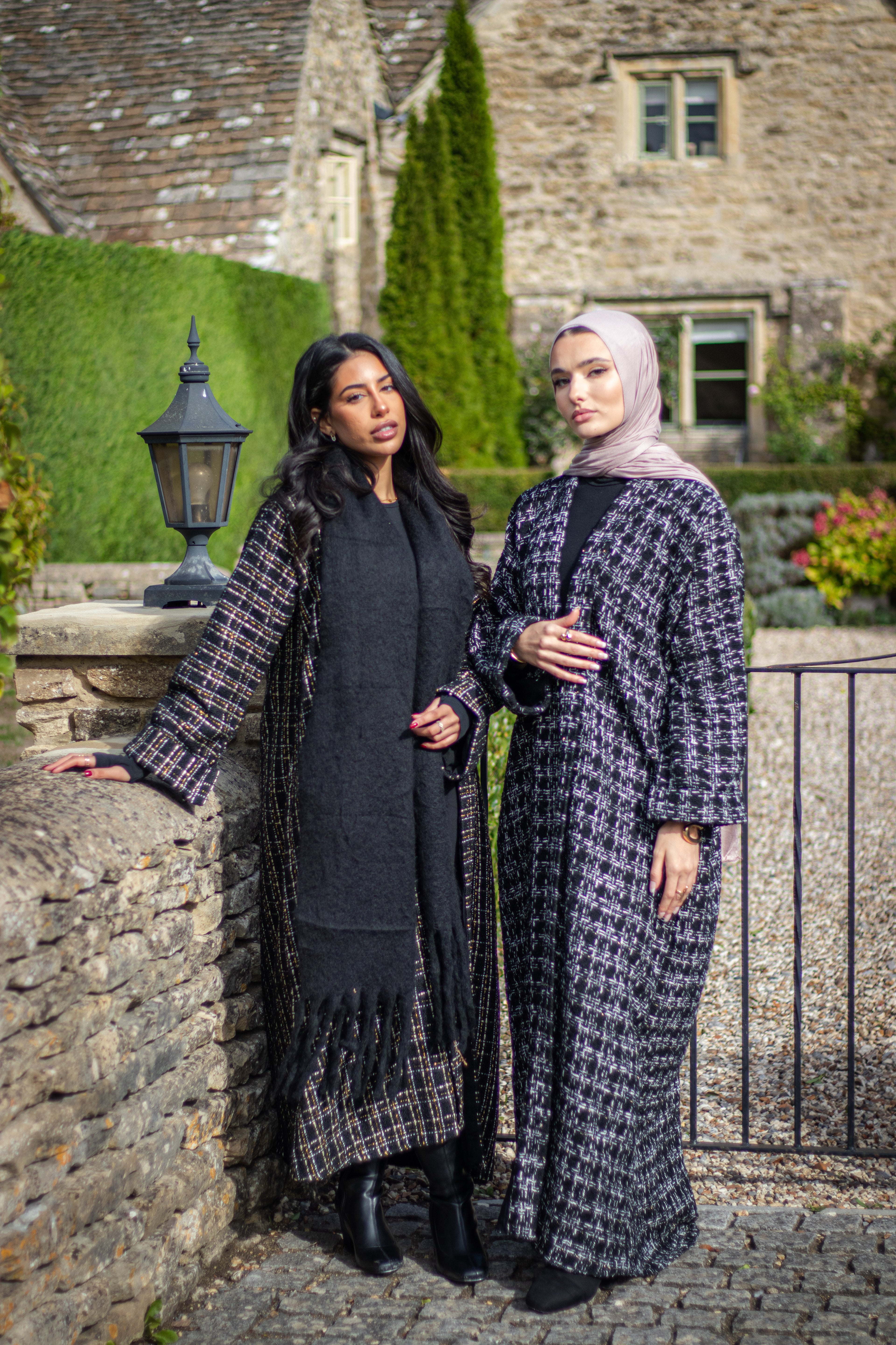 Abaya Coat Tweed Black and White with Belt and Hijab