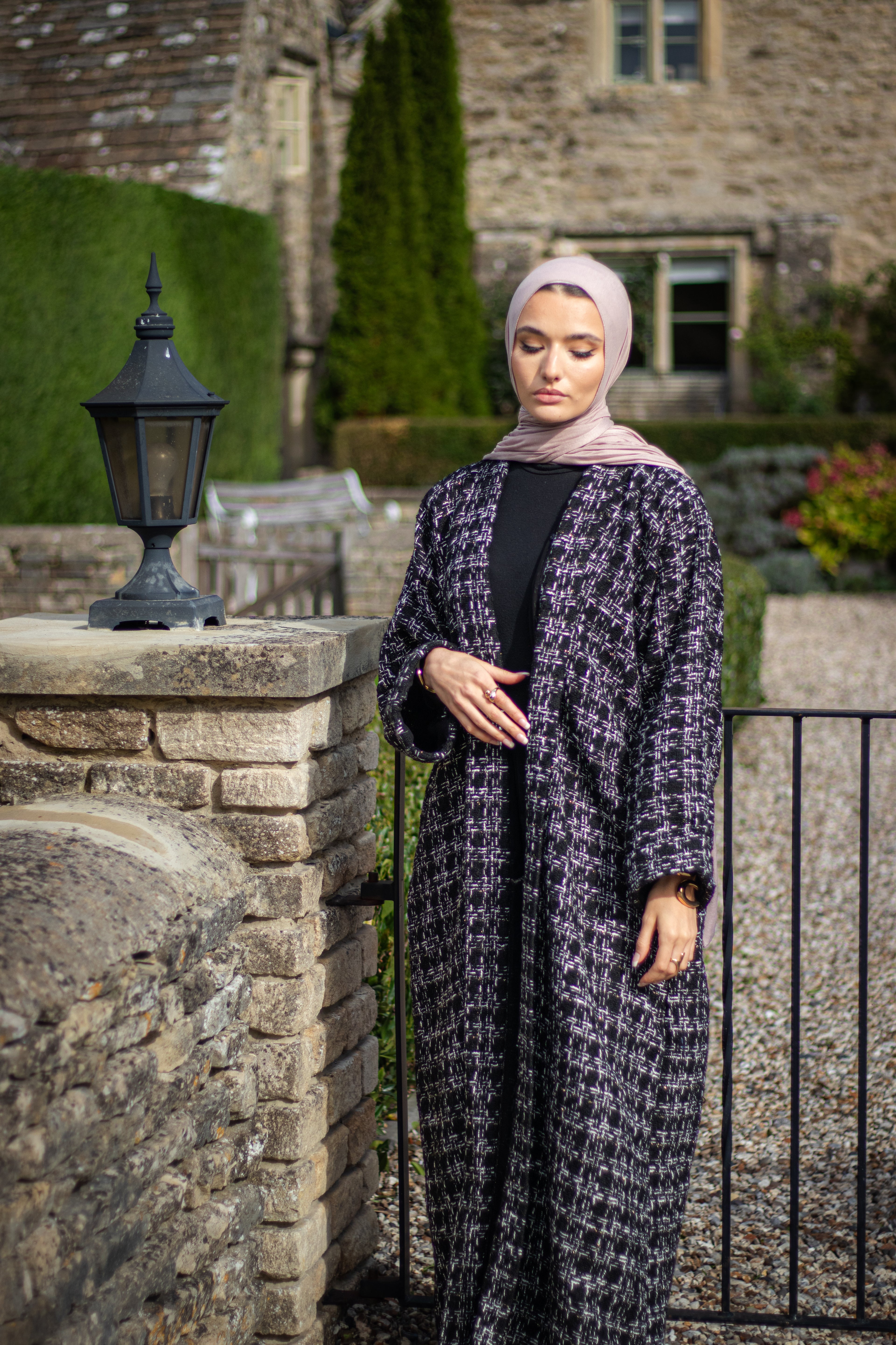 Abaya Coat Tweed Black and White with Belt and Hijab