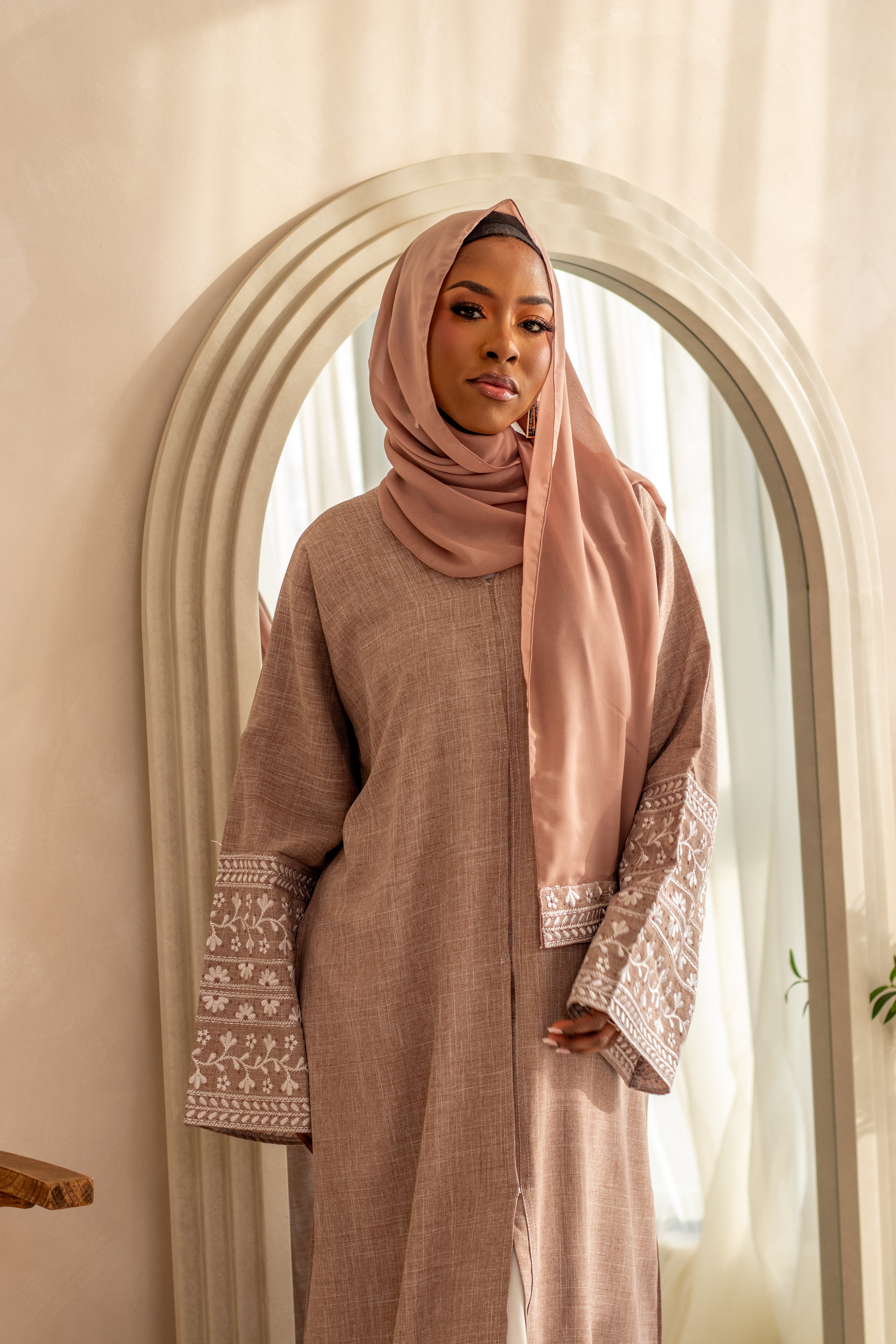Linen Style Abaya with Double Layer Flower Embroidery on Hijab and Sleeves 6 Colours