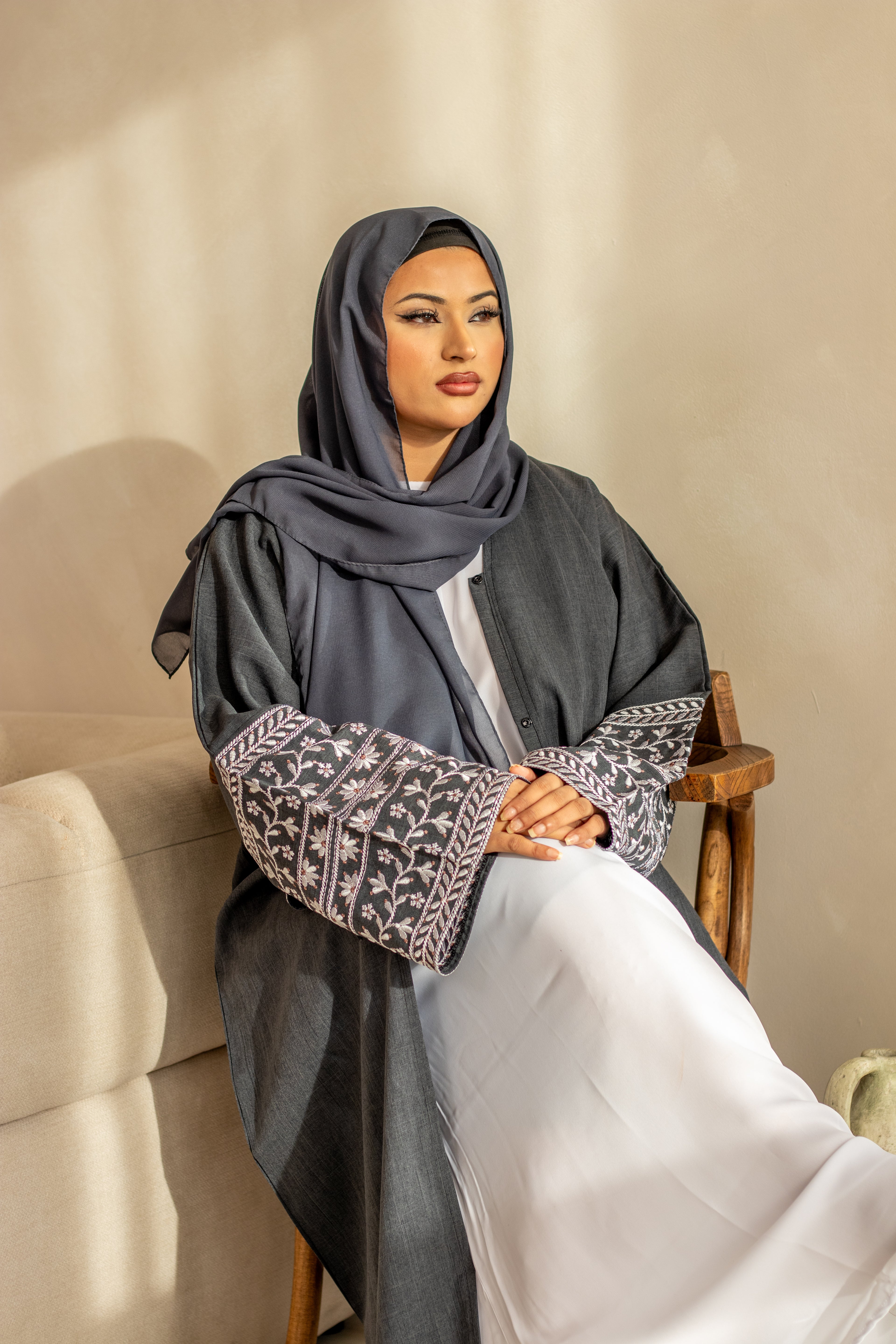 Linen Style Abaya with Double Layer Flower Embroidery on Hijab and Sleeves 6 Colours