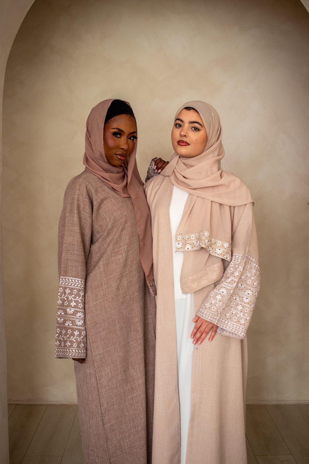 Linen Style Abaya with Double Layer Flower Embroidery on Hijab and Sleeves 6 Colours