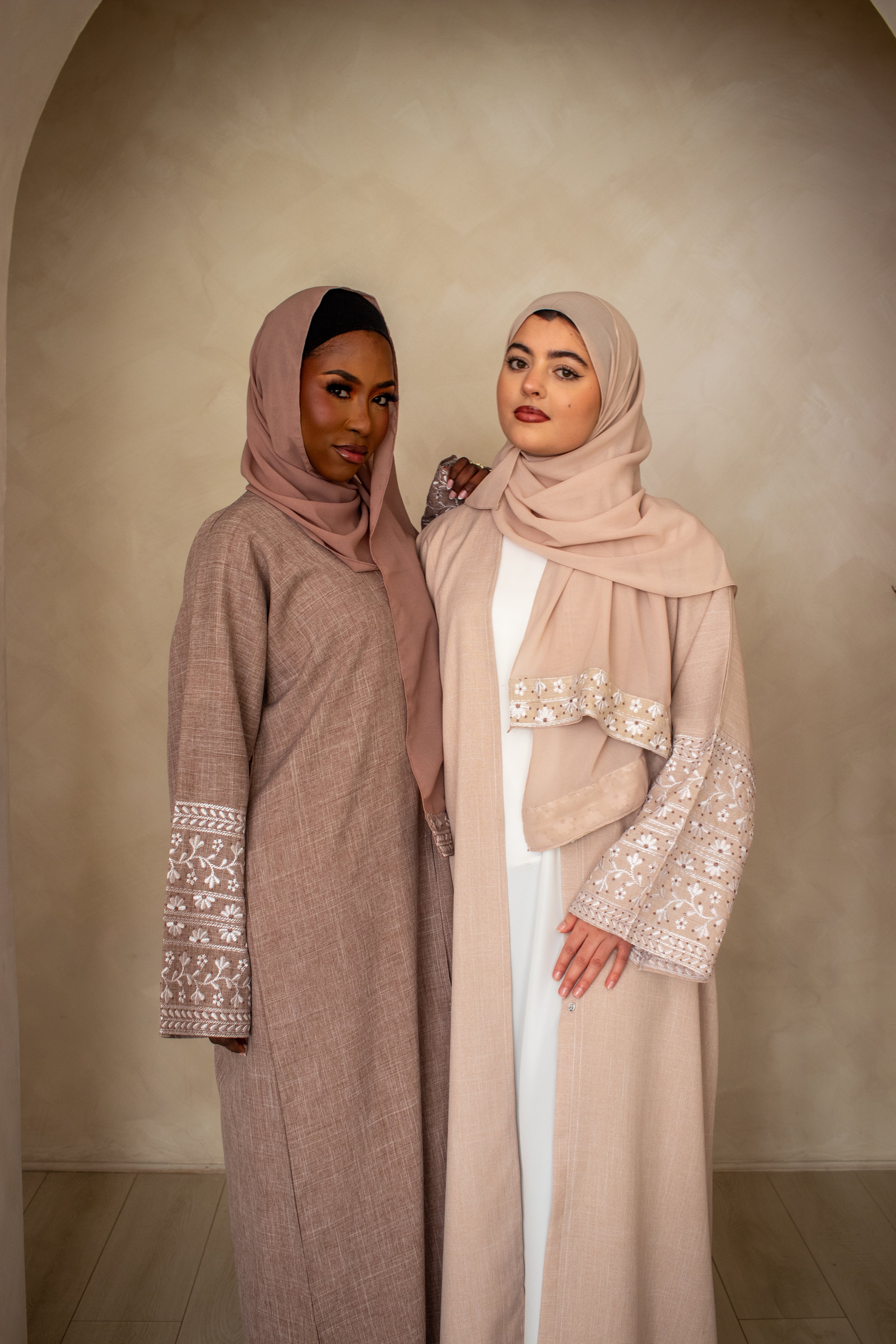 Linen Style Abaya with Double Layer Flower Embroidery on Hijab and Sleeves 6 Colours