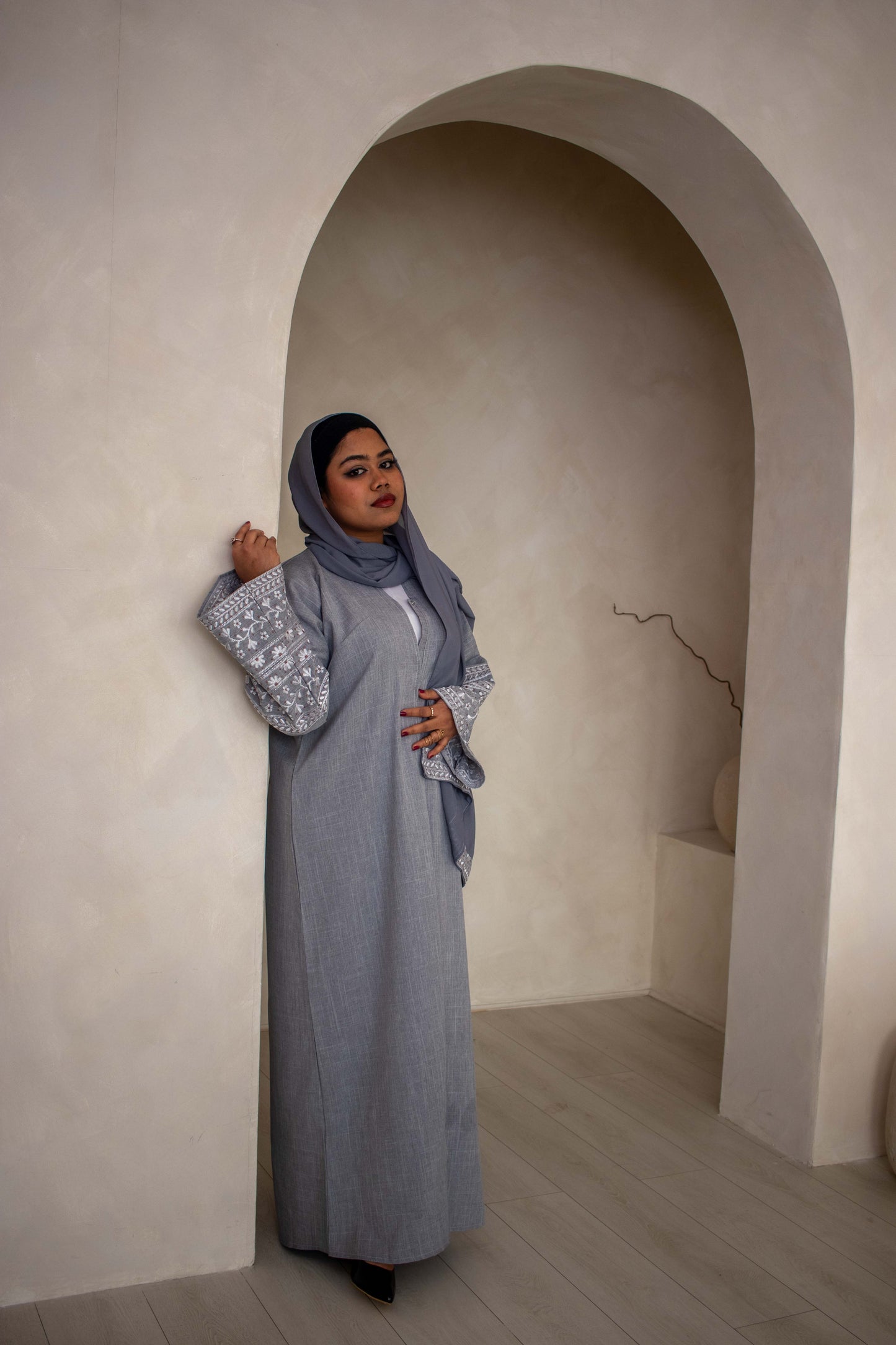 Linen Style Abaya with Double Layer Flower Embroidery on Hijab and Sleeves 4 Colours