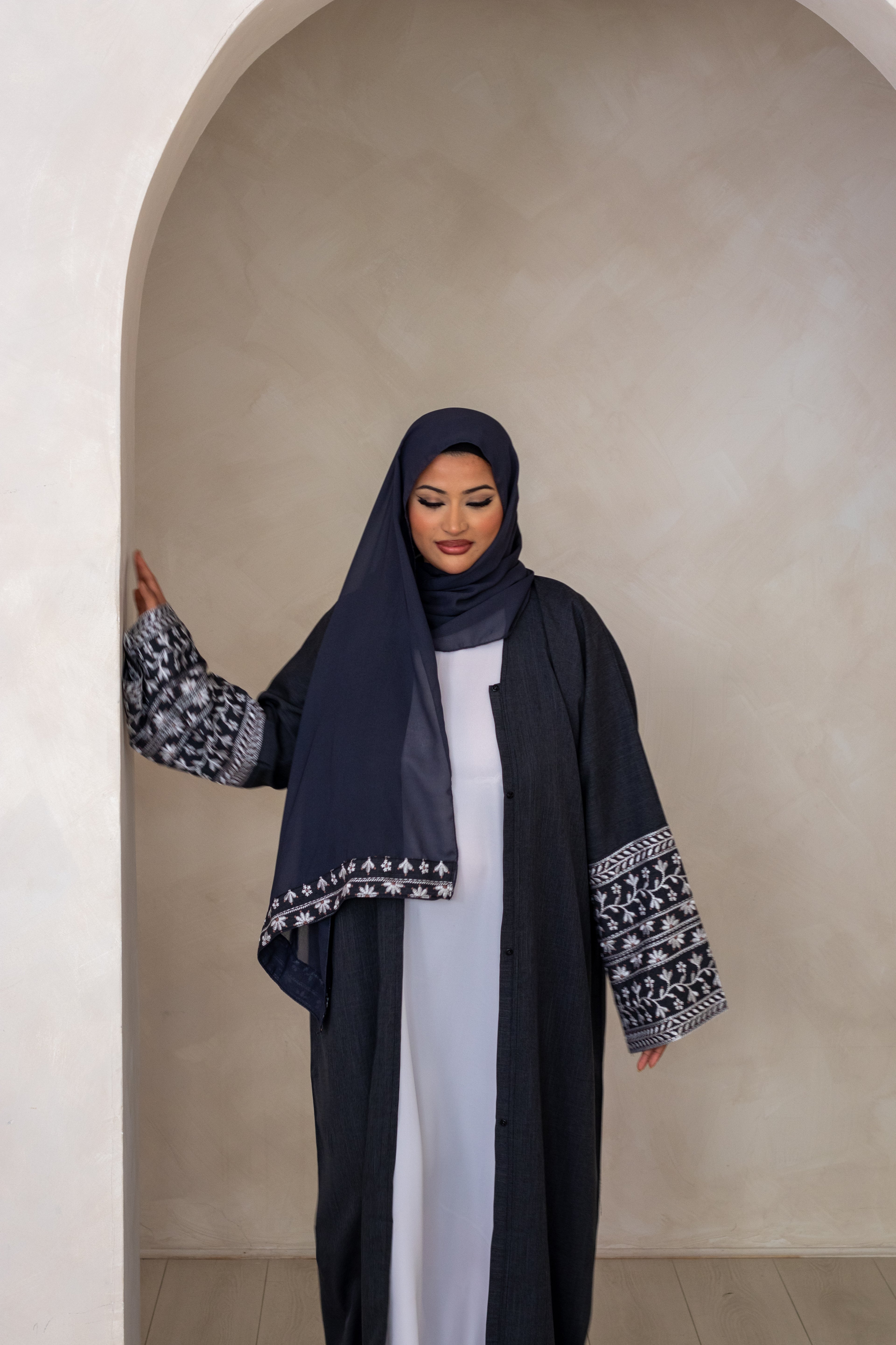 Linen Style Abaya with Double Layer Flower Embroidery on Hijab and Sleeves 6 Colours