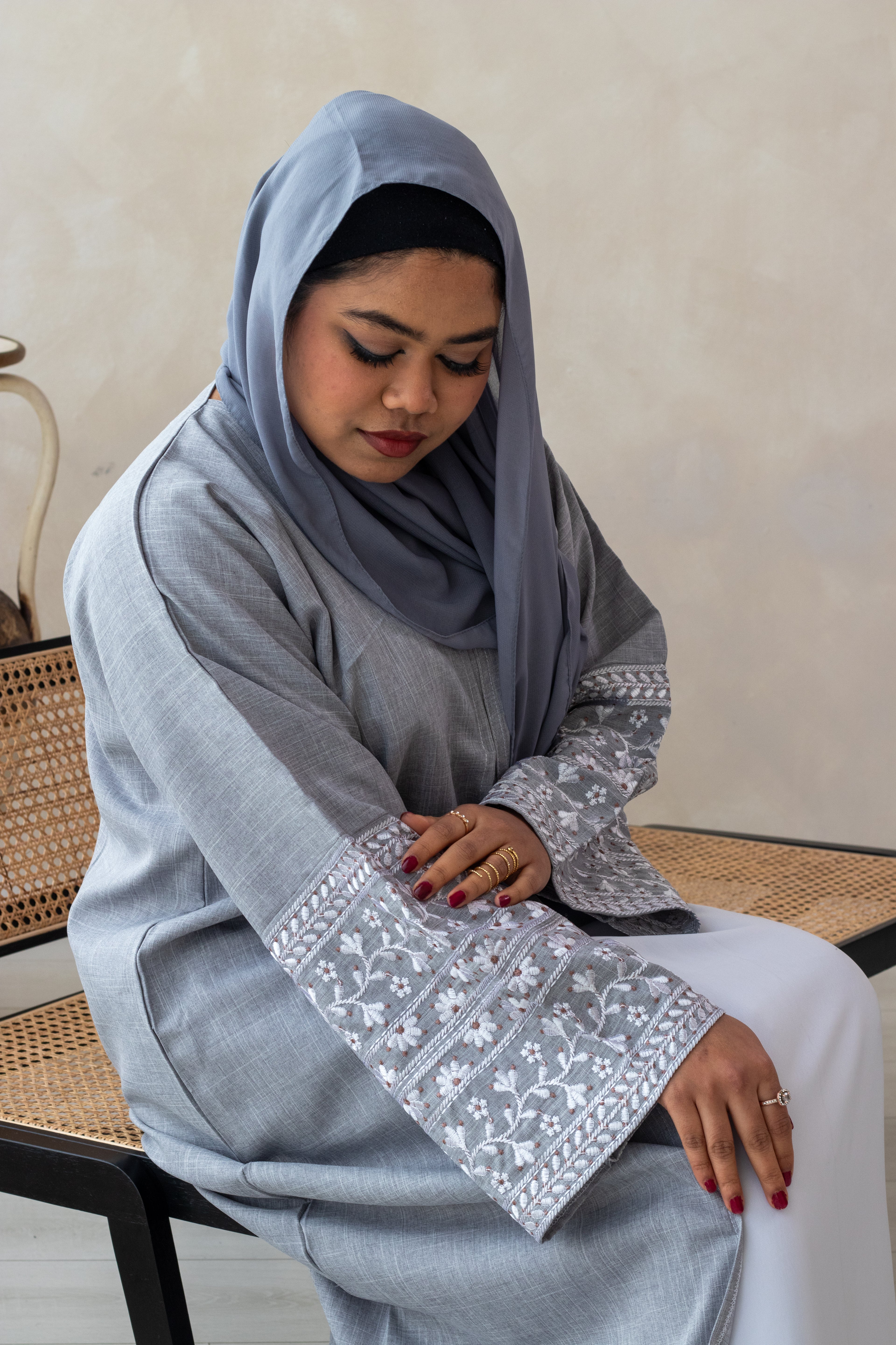 Linen Style Abaya with Double Layer Flower Embroidery on Hijab and Sleeves 6 Colours