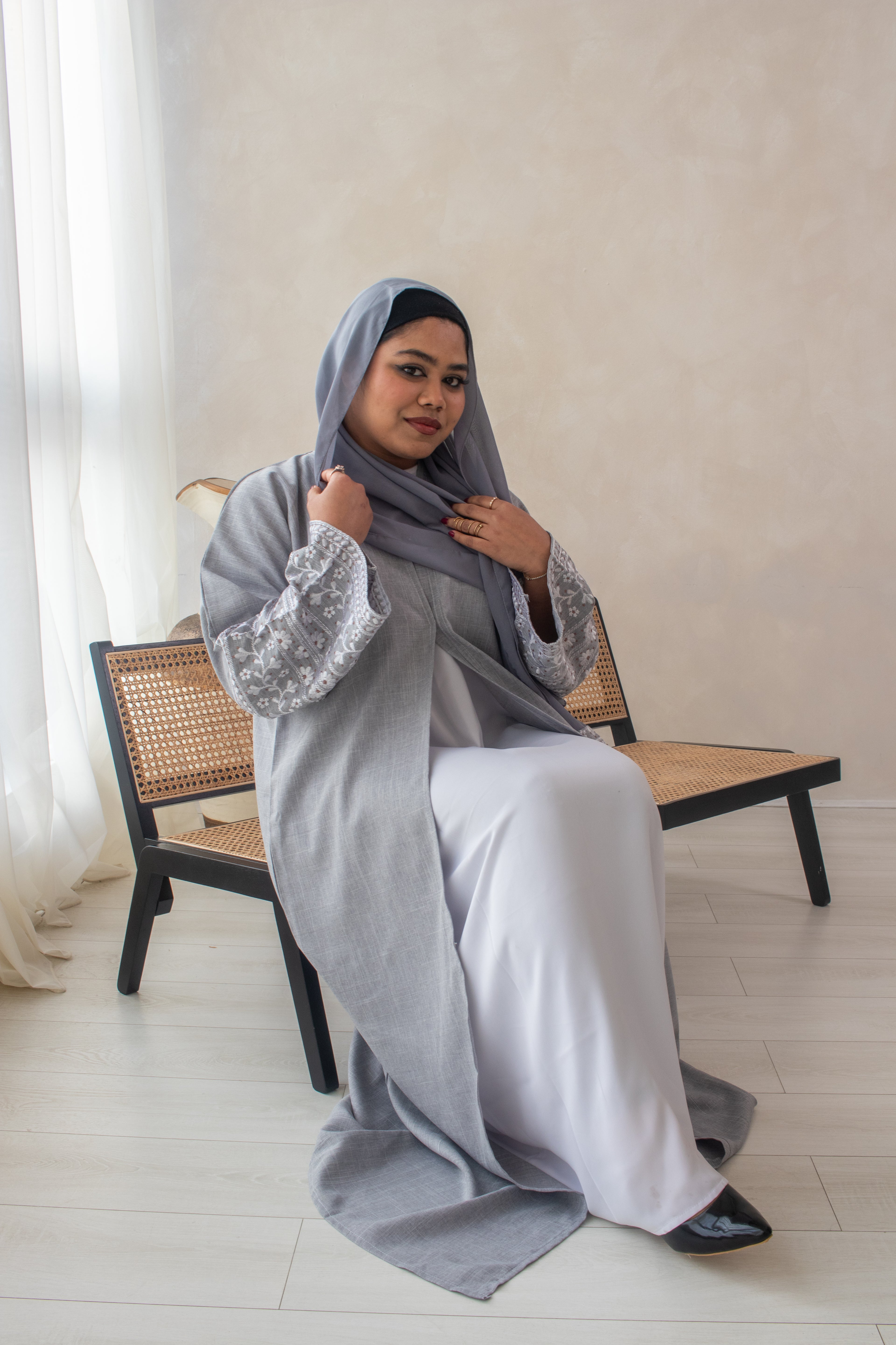 Linen Style Abaya with Double Layer Flower Embroidery on Hijab and Sleeves 6 Colours