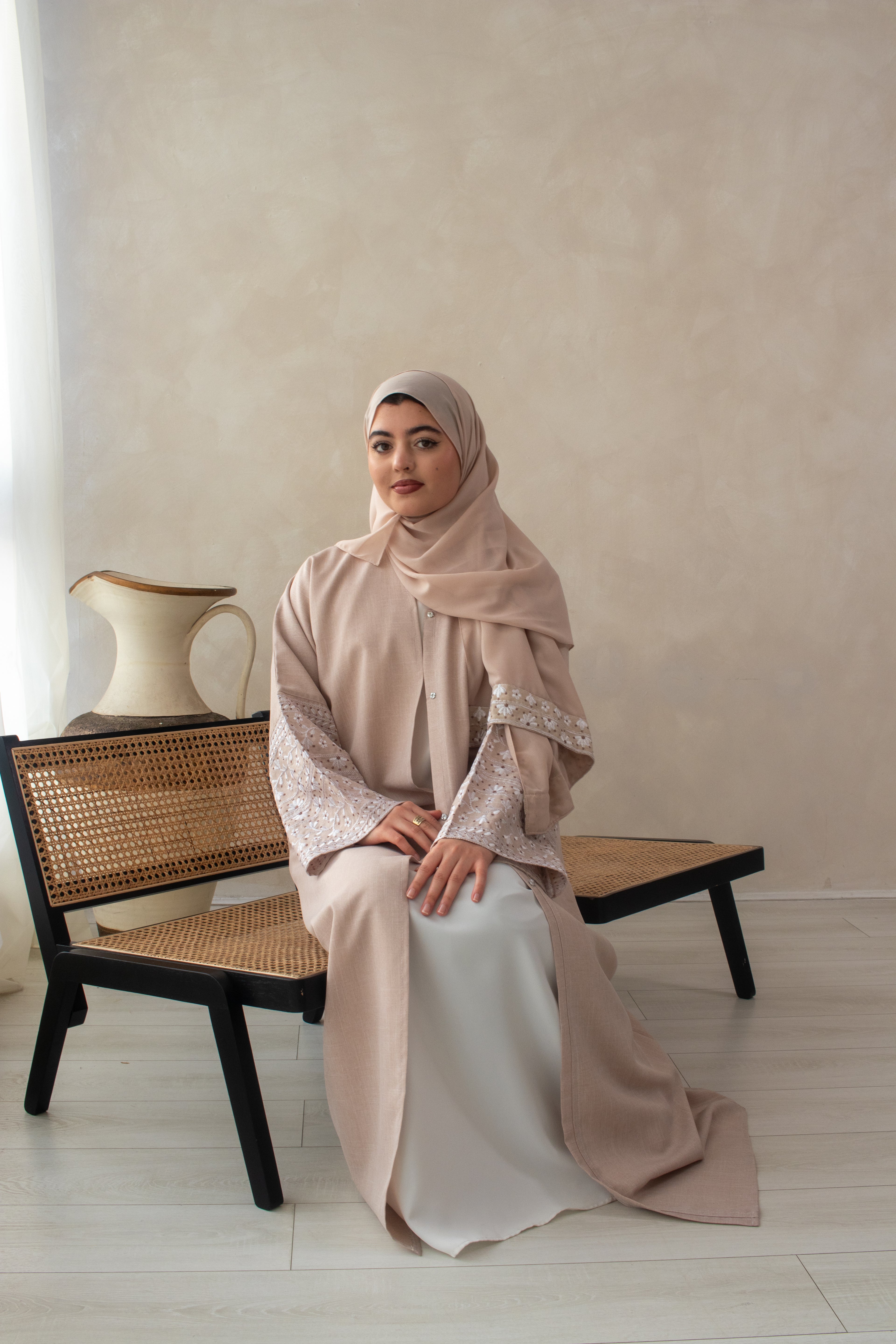 Linen Style Abaya with Double Layer Flower Embroidery on Hijab and Sleeves 6 Colours