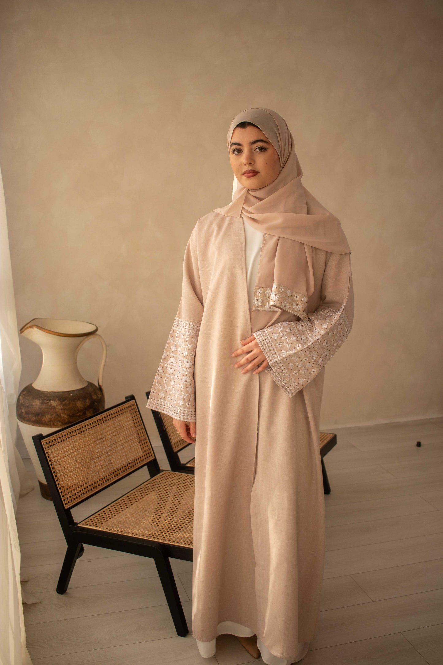 Linen Style Abaya with Double Layer Flower Embroidery on Hijab and Sleeves 4 Colours