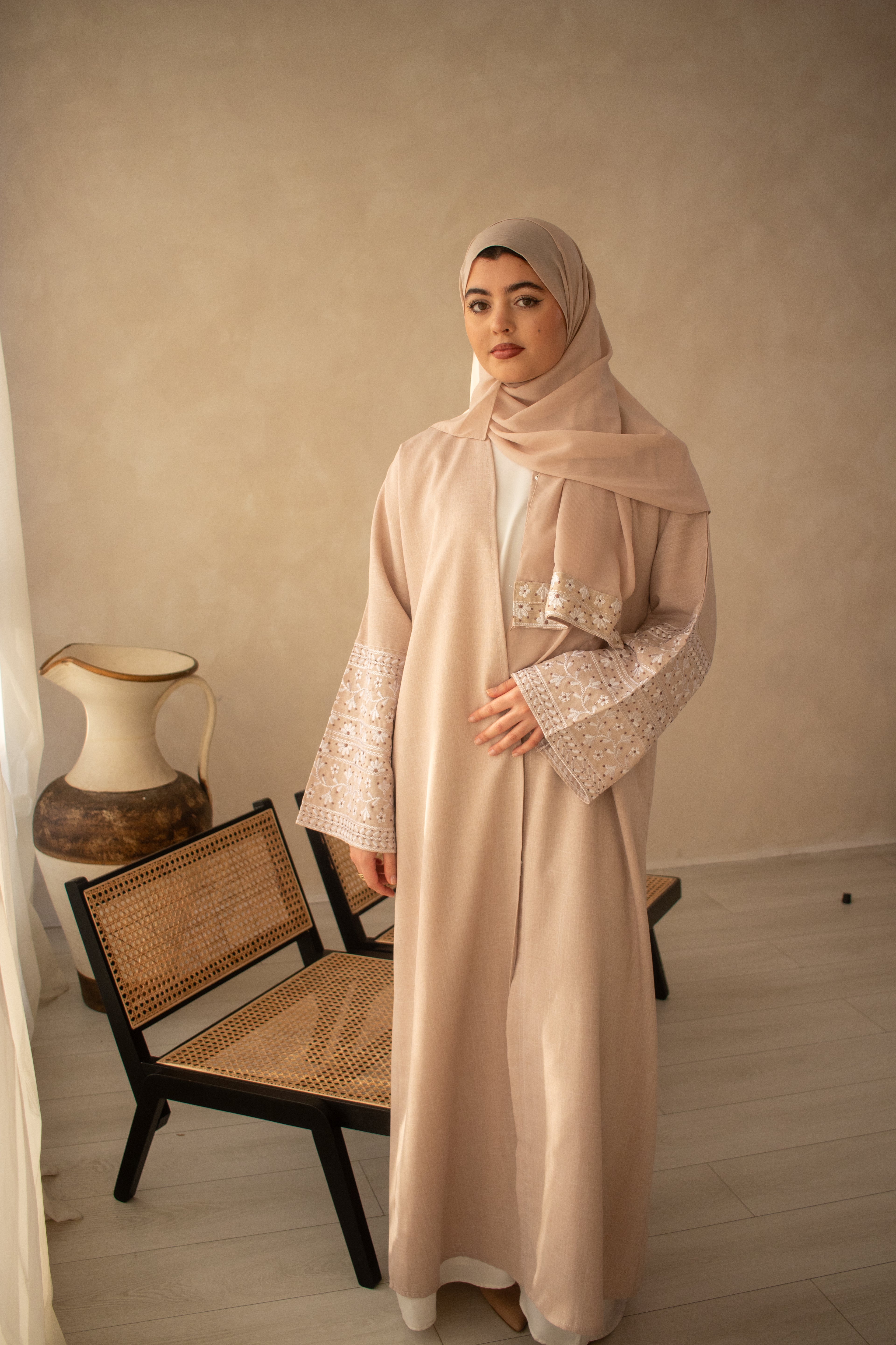Linen Style Abaya with Double Layer Flower Embroidery on Hijab and Sleeves 6 Colours