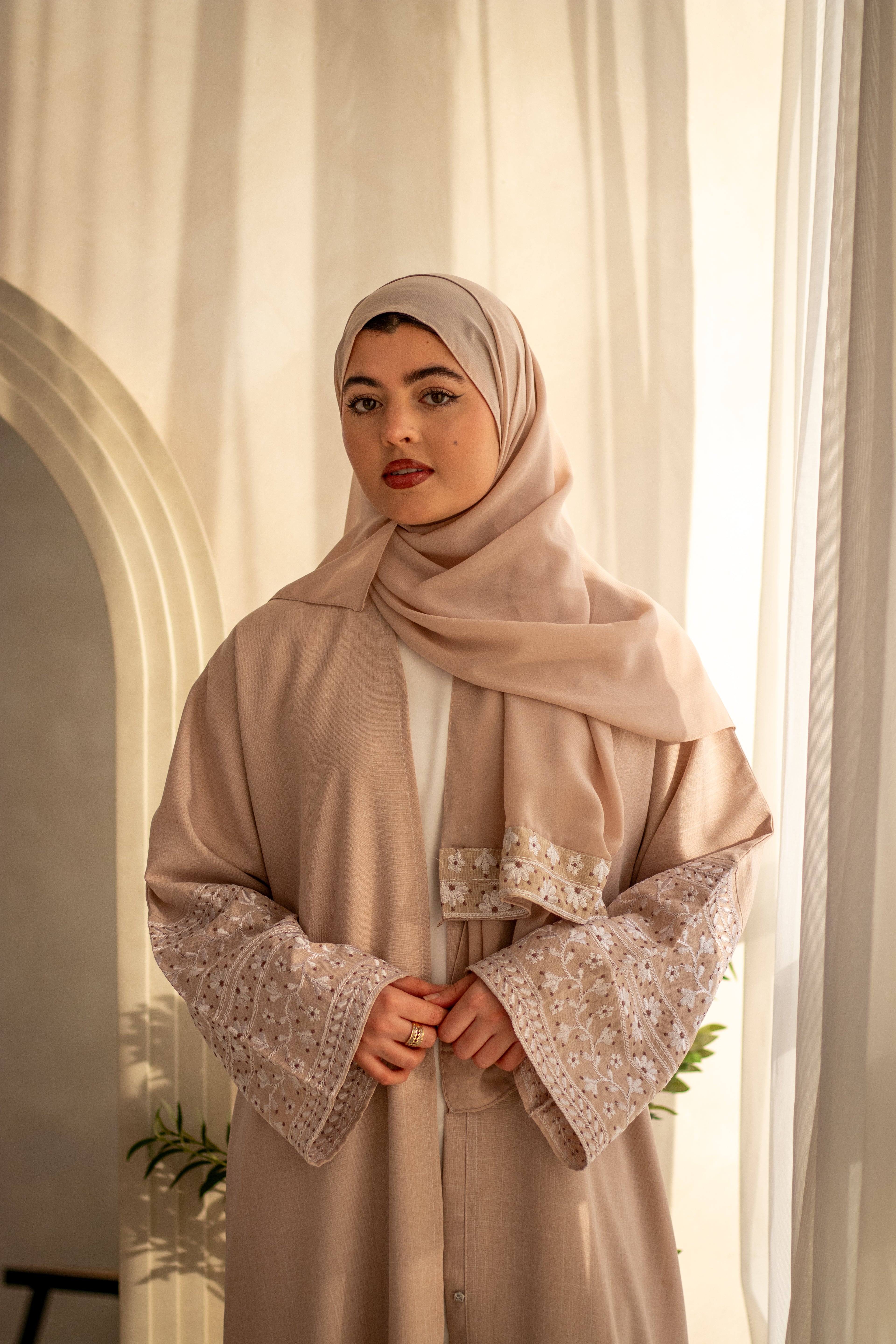 Linen Style Abaya with Double Layer Flower Embroidery on Hijab and Sleeves 6 Colours
