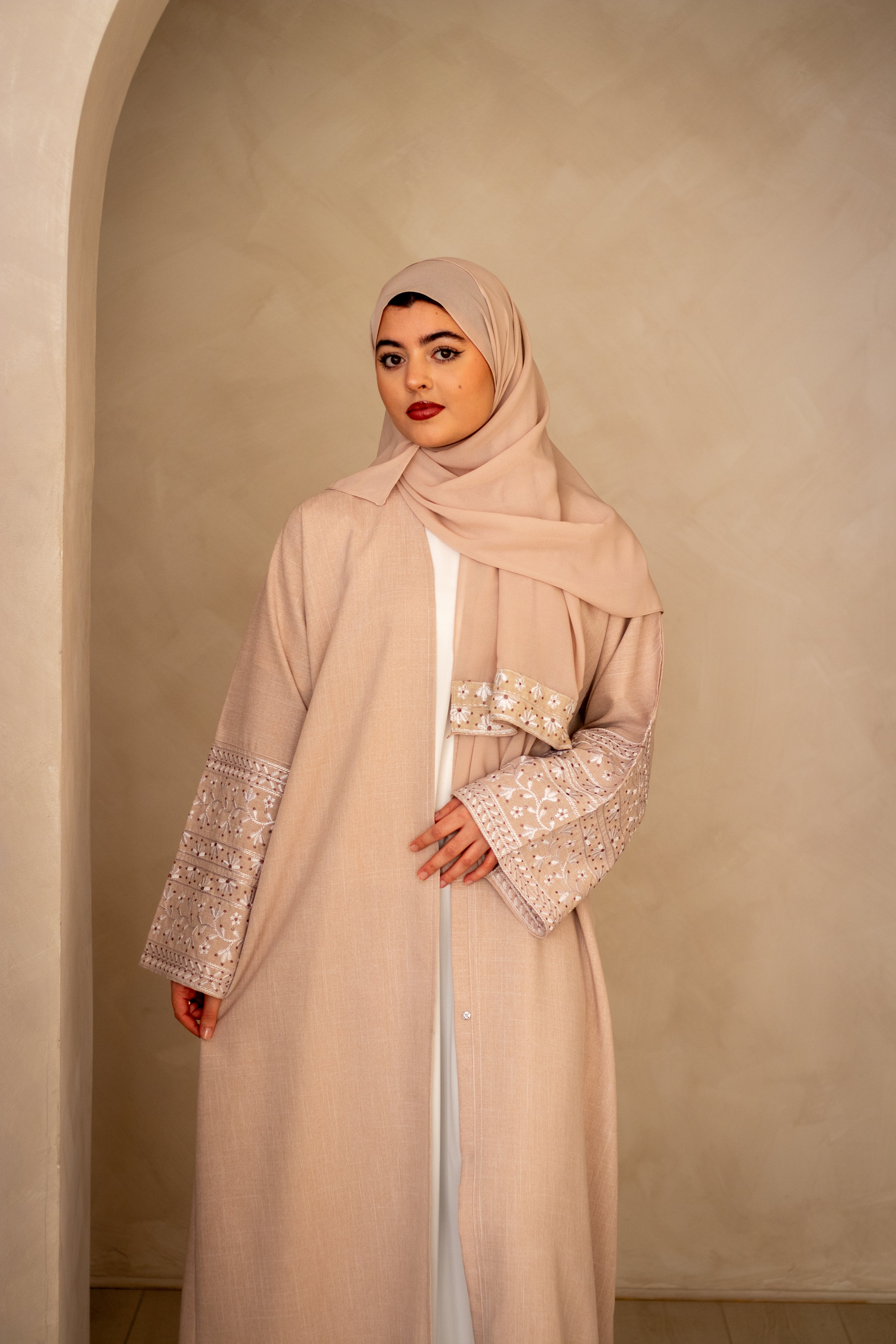 Linen Style Abaya with Double Layer Flower Embroidery on Hijab and Sleeves 6 Colours