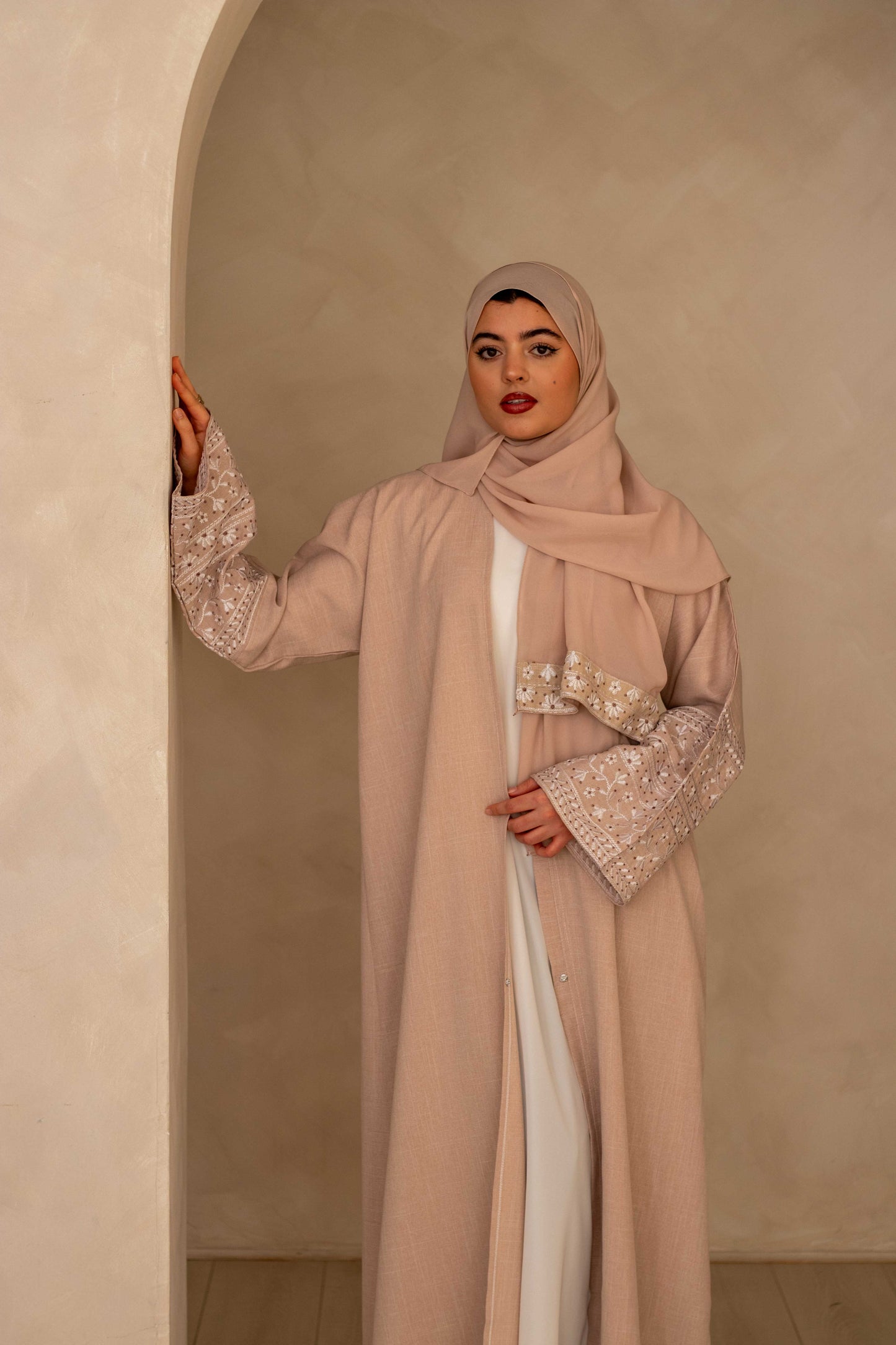 Linen Style Abaya with Double Layer Flower Embroidery on Hijab and Sleeves 4 Colours