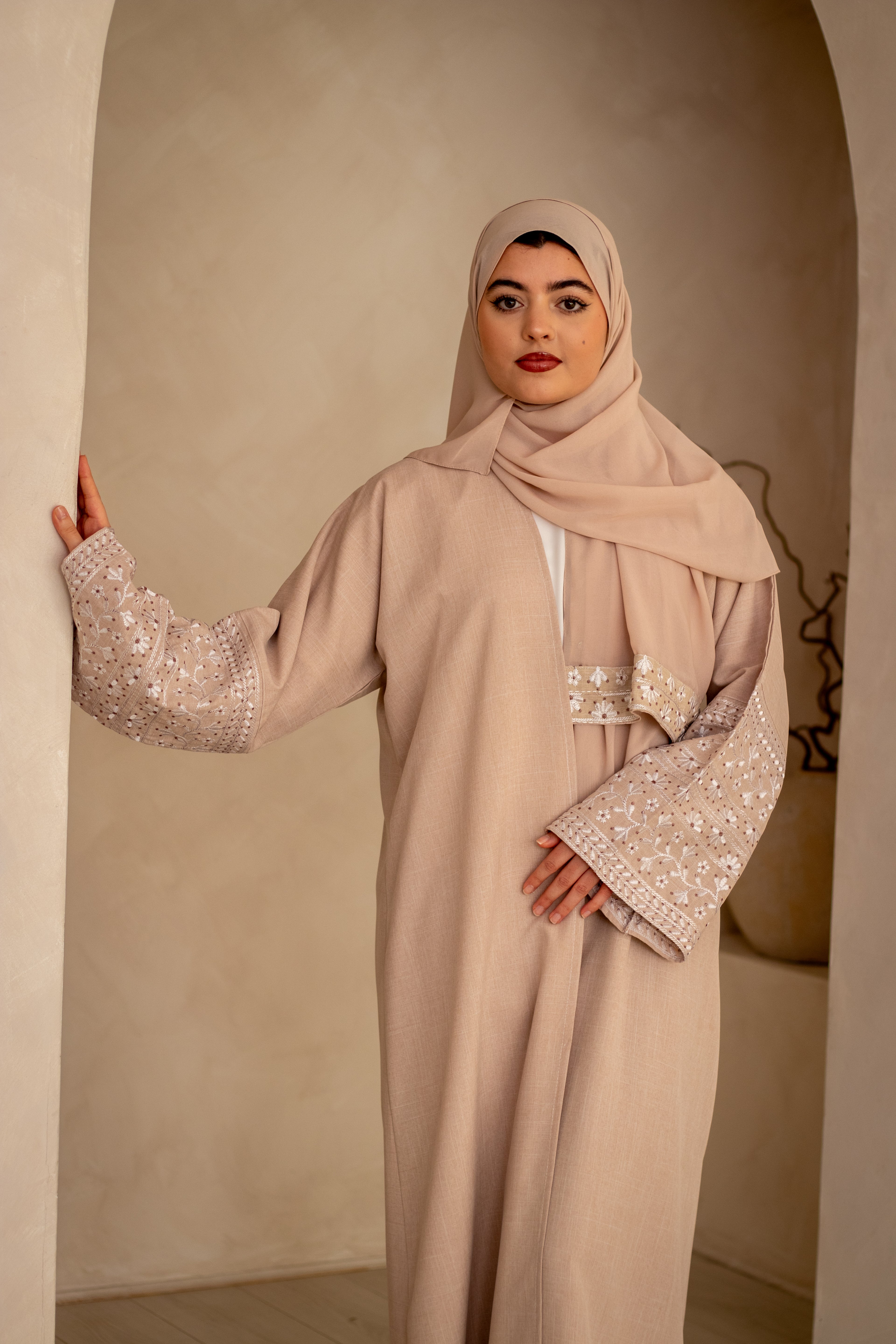 Linen Style Abaya with Double Layer Flower Embroidery on Hijab and Sleeves 6 Colours