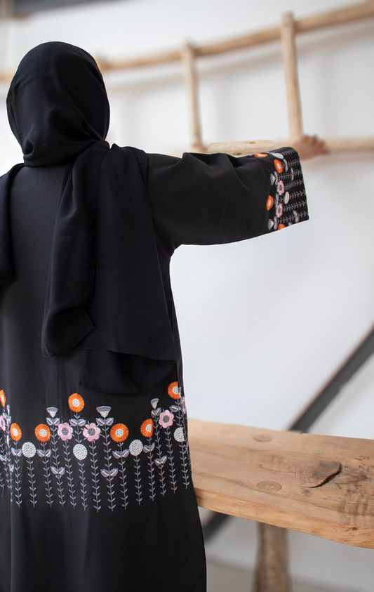 Black Flower Embroidery Open Abaya