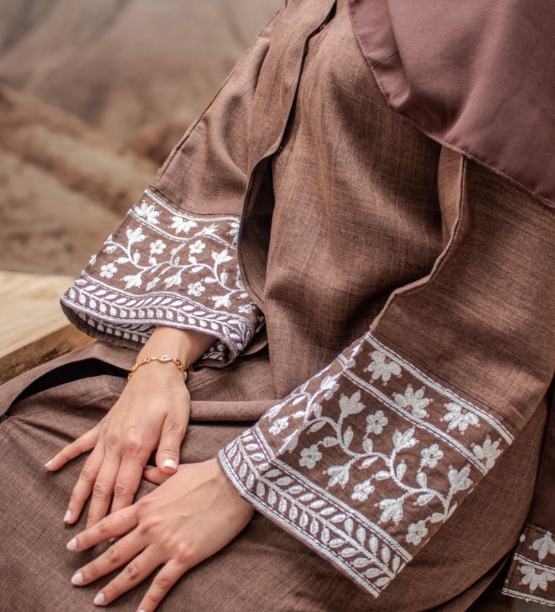 Linen Style Abaya with Flower Embroidery on Hijab and Sleeves 6 Colours
