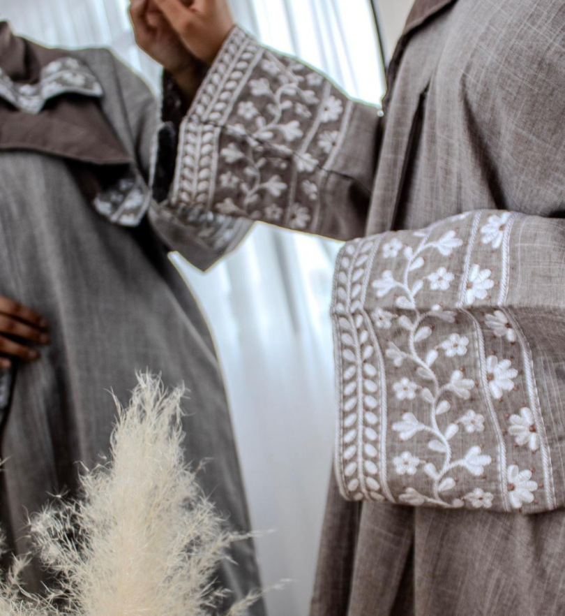 Linen Style Abaya with Flower Embroidery on Hijab and Sleeves 6 Colours