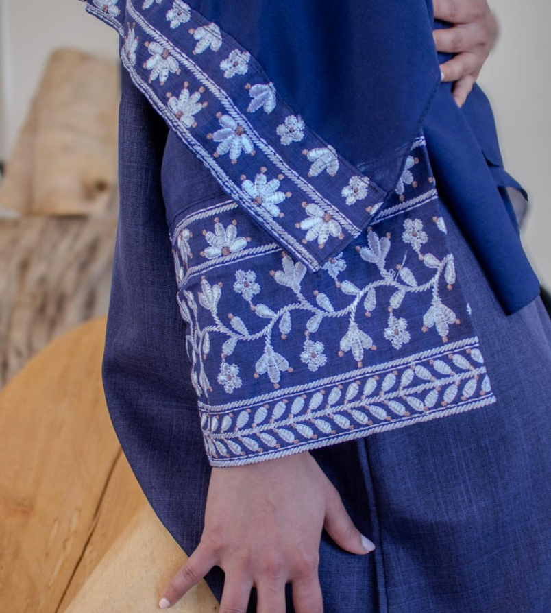 Linen Style Abaya with Flower Embroidery on Hijab and Sleeves 6 Colours
