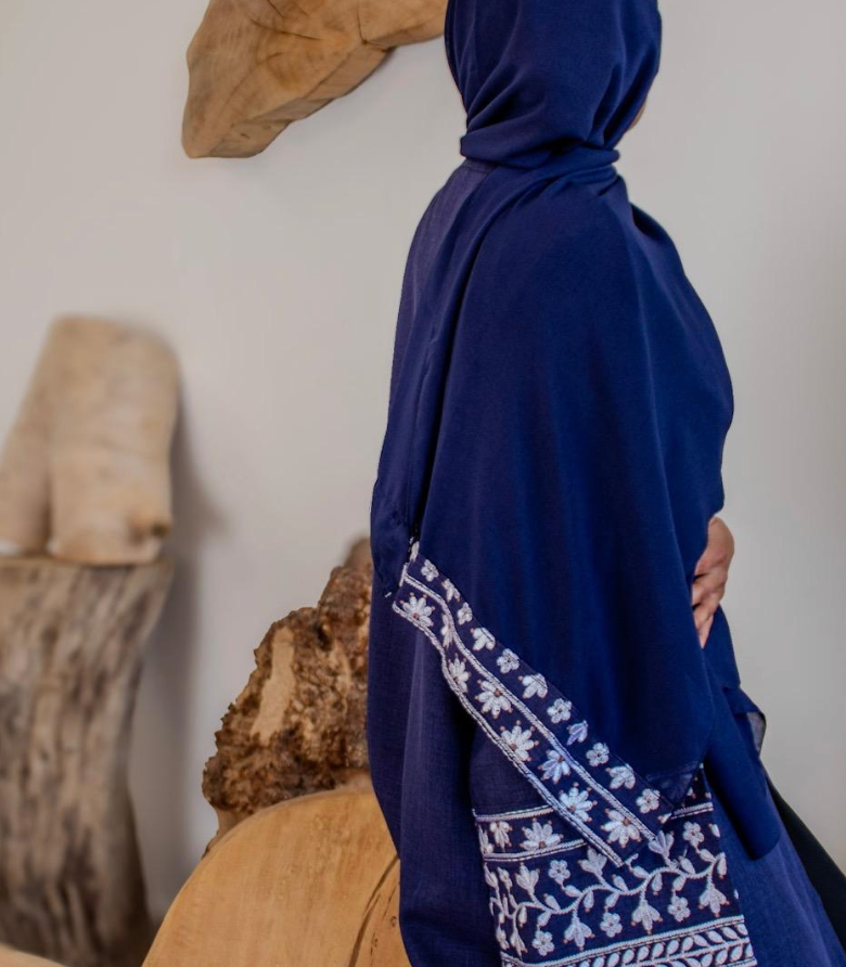 Linen Style Abaya with Flower Embroidery on Hijab and Sleeves 6 Colours