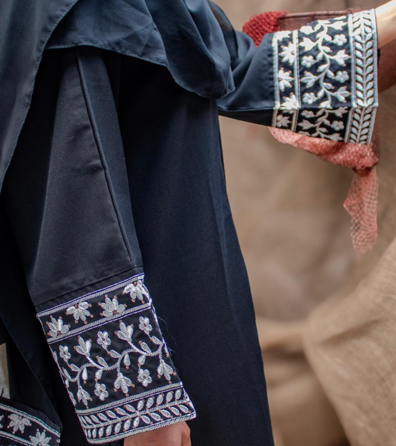 Linen Style Abaya with Flower Embroidery on Hijab and Sleeves 6 Colours