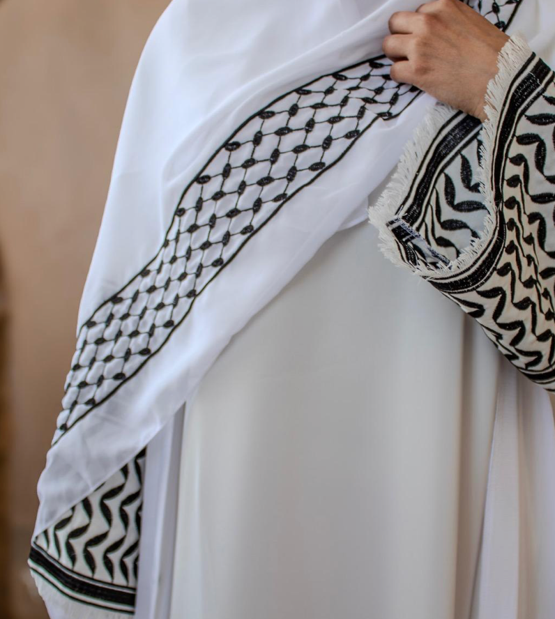 Palestine Keffiyeh Abaya Black and White with Hijab and Embroider