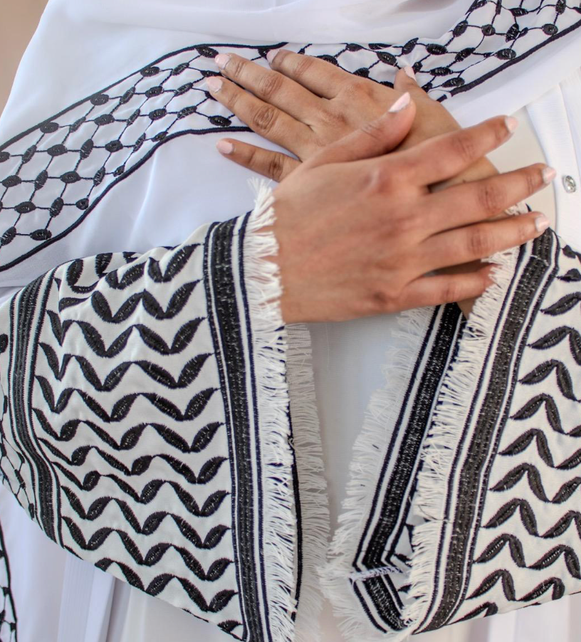 Palestine Keffiyeh Abaya Black and White with Hijab and Embroider
