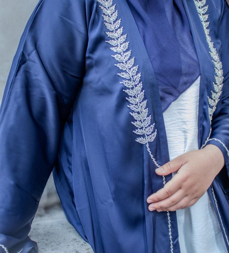 Bahar Abaya Navy Embellishments Leaves Front
