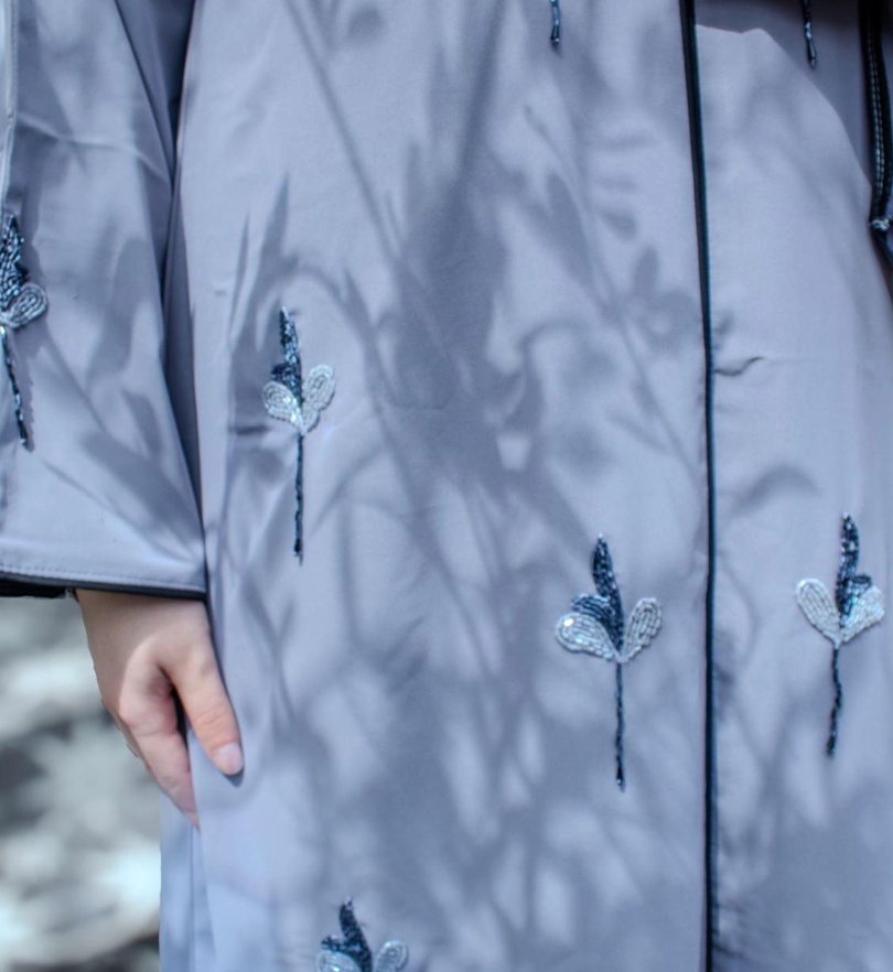 Hiba Abaya Grey Embellishments Front and Sleeves