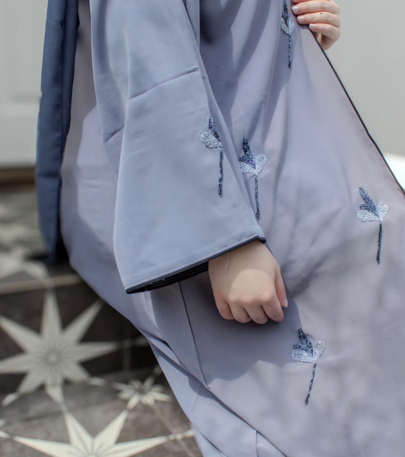 Hiba Abaya Grey Embellishments Front and Sleeves
